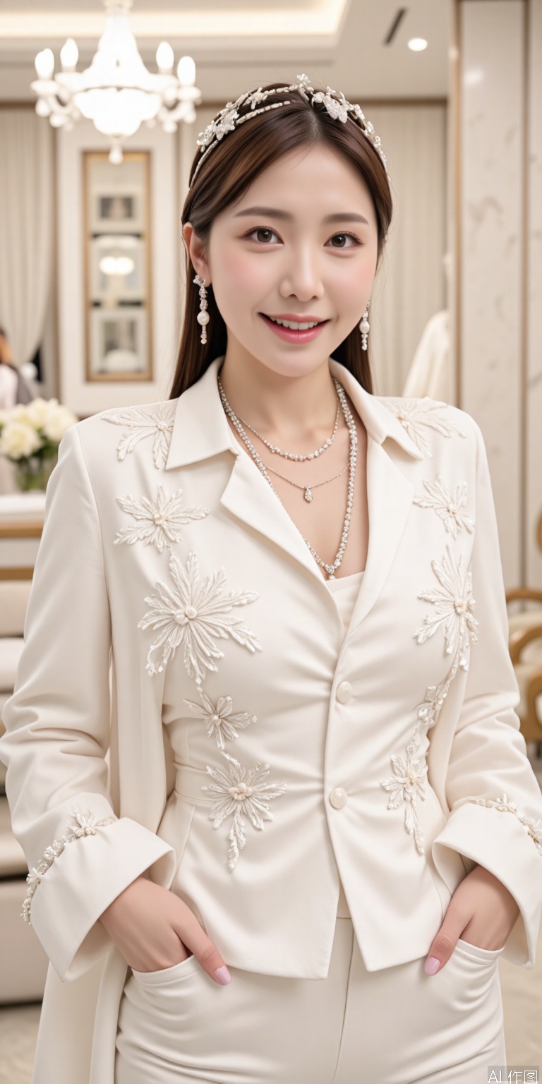 girlslike, smile A photorealistic portrait of an Asian girl, captured from the chest up, standing in an opulent, all-white fashion boutique exuding grandeur. She is adorned in an elaborate, entirely white ensemble, featuring a luxurious white silk collared shirt with delicate embroidery and intricate pleating as the centerpiece, layered beneath a sumptuous white couture jacket adorned with subtle pearl accents and cascading fabric flourishes. Her look is elevated with an extravagant array of platinum jewelry- multilayered necklaces with dangling gemstones, ornate chandelier earrings-each piece glimmering with breathtaking precision against the pristine monochromatic palette. The boutique's interior melts into a lavish, blurred background of creamy white marble walls, adorned with faintly visible gilded accents and towering shelves draped in soft, translucent fabrics, creating an illusion of infinite depth and decadence. The foreground remains razor-sharp, accentuating her regal presence, while the distant elements fade into a misty, ethereal glow under a chandellier's soft, diffused light, intensifying the scene's modern opulence and timeless, aristocratic refinement