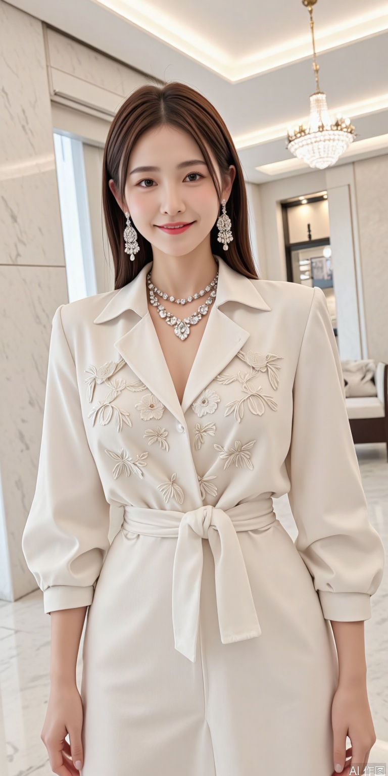 girlslike, smile A photorealistic portrait of an Asian girl, captured from the chest up, standing in an opulent, all-white fashion boutique exuding grandeur. She is adorned in an elaborate, entirely white ensemble, featuring a luxurious white silk collared shirt with delicate embroidery and intricate pleating as the centerpiece, layered beneath a sumptuous white couture jacket adorned with subtle pearl accents and cascading fabric flourishes. Her look is elevated with an extravagant array of platinum jewelry- multilayered necklaces with dangling gemstones, ornate chandelier earrings-each piece glimmering with breathtaking precision against the pristine monochromatic palette. The boutique's interior melts into a lavish, blurred background of creamy white marble walls, adorned with faintly visible gilded accents and towering shelves draped in soft, translucent fabrics, creating an illusion of infinite depth and decadence. The foreground remains razor-sharp, accentuating her regal presence, while the distant elements fade into a misty, ethereal glow under a chandellier's soft, diffused light, intensifying the scene's modern opulence and timeless, aristocratic refinement