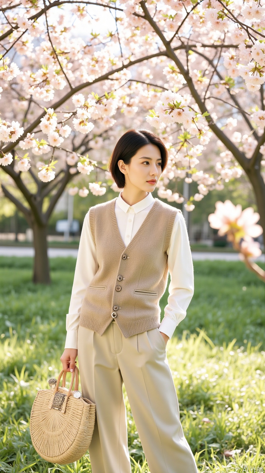 The cotton and linen mixed style of Chunri Park, cream white stand-collar shirt with light khaki vest, cropped trousers reveal mint green socks, the bokeh cherry tree with soft light, woven straw bags embellished with geometric metal buckles