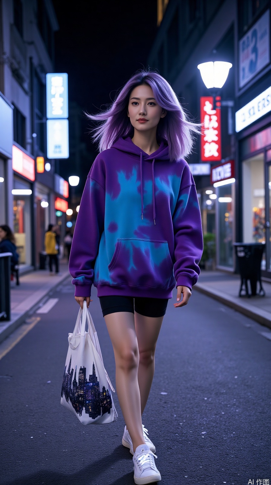 Sports and casual style in neon streets, oversize hooded sweatshirt with cycling shorts, gradient purple hair and two wisps of silver gray, canvas bag printed with abstract city silhouettes, shoelaces reflective material to capture ambient light