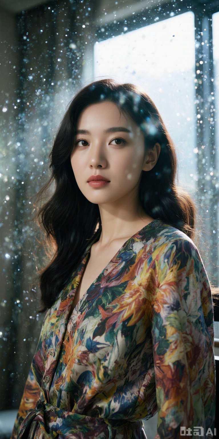 In the low-light atmosphere, the beautiful long-haired beauty with a fashionable and cool outfit, the beautiful girl with beautiful phoenix eyes and big double eyelids are used to capture a beautiful girl with thick hair at home every day. The girl is wearing a fashionable and cool outfit, with a proud look, with beautiful phoenix eyes and big double eyelids, full of coolness, the picture is full of story and lifestyle, freehand style and Wong Kar-wai movie déjà vu, with a sense of live, emotional atmosphere and perspective, presenting a hazy, hazy, whitening, light leakage, color overflowing, high noise and film grain texture, rich layers, fusion of artistic conception, reflecting freehand, hazy aesthetics and light and shadow aesthetics, belongs to the concept art style, has a lomo effect, surreal and high-end sense, which is a masterpiece, CG thick coating style, macro lens highlights the real skin texture and hair details, and ultra-high-definition 32K picture quality presents delicate pores