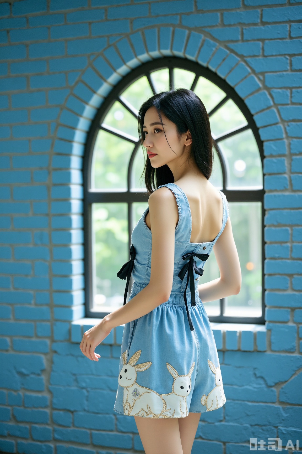 A light-shaped girl was wearing a top with Chinese elements, with delicate black bows tied at the neckline and tassels hanging down. The lower body is matched with a blue and white short skirt, and the skirt is embroidered with a lifelike white rabbit pattern, and the gold thread outlines are more exquisite. Her black hair naturally hangs, with small hair accessories on both sides, and her back is facing the blue brick wall. The fan-shaped window in the wall exudes green. Her figure is slightly sideways, her eyes are a little shy and gentle. The overall picture is rich in details and the light is soft, creating a fresh and elegant atmosphere.