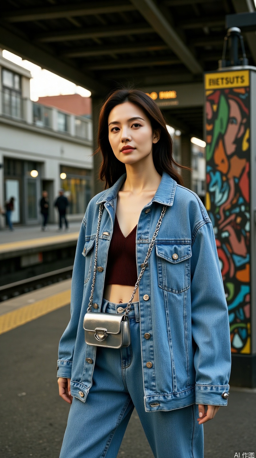 Fashion bloggers shoot outfits at the entrance of the subway station. Oversize denim jacket with a short vest with a navel exposed inside, a silver chain bag cross-body around the waist, a blurred train light track in the background, and a low-saturation filter is used to enhance the urban feeling.
