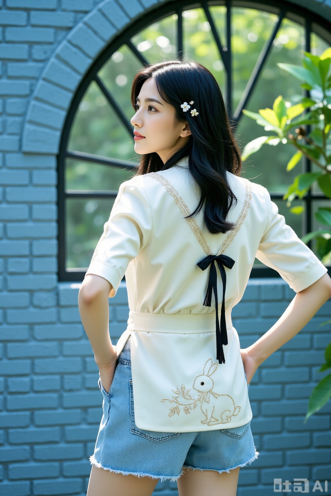 A light-shaped girl was wearing a top with Chinese elements, with delicate black bows tied at the neckline and tassels hanging down. The lower body is matched with a blue and white short skirt, and the skirt is embroidered with a lifelike white rabbit pattern, and the gold thread outlines are more exquisite. Her black hair naturally hangs, with small hair accessories on both sides, and her back is facing the blue brick wall. The fan-shaped window in the wall exudes green. Her figure is slightly sideways, her eyes are a little shy and gentle. The overall picture is rich in details and the light is soft, creating a fresh and elegant atmosphere.
