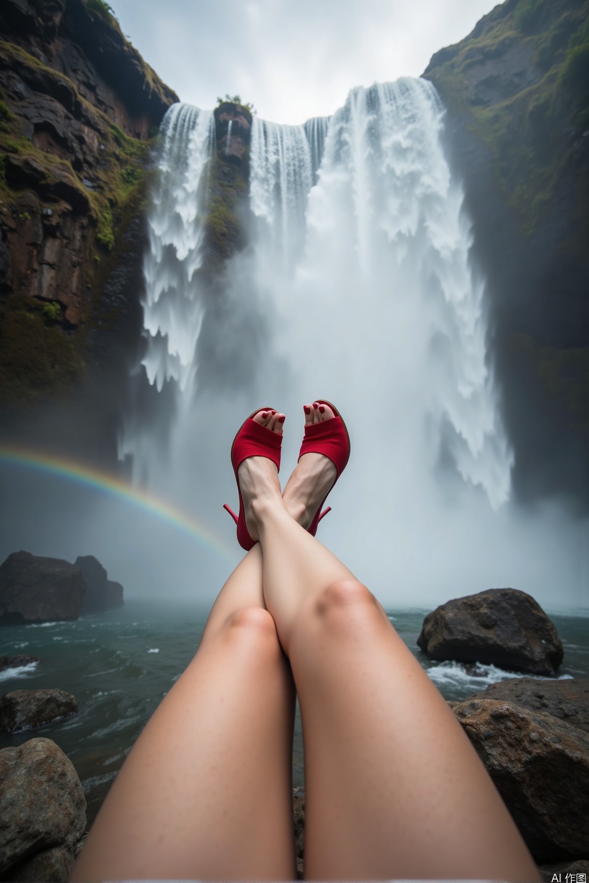 Realistic photo of a woman's legs and feet, the subject is sitting on a rock, with legs stretching towards the camera, fair long legs, red high heels, in the background, huge waterfall pouring down, mist, big rainbow, adventure and natural feeling,