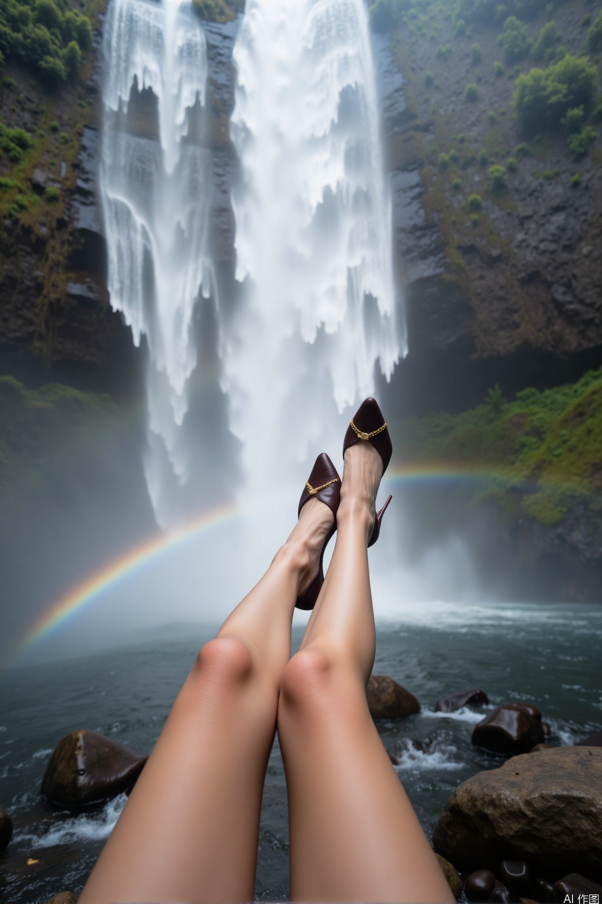 Realistic photo of a woman's legs and feet, the subject is sitting on a rock, with legs stretching towards the camera, fair long legs, high heels, in the background, huge waterfall pouring down, mist, big rainbow, adventure and natural feeling,