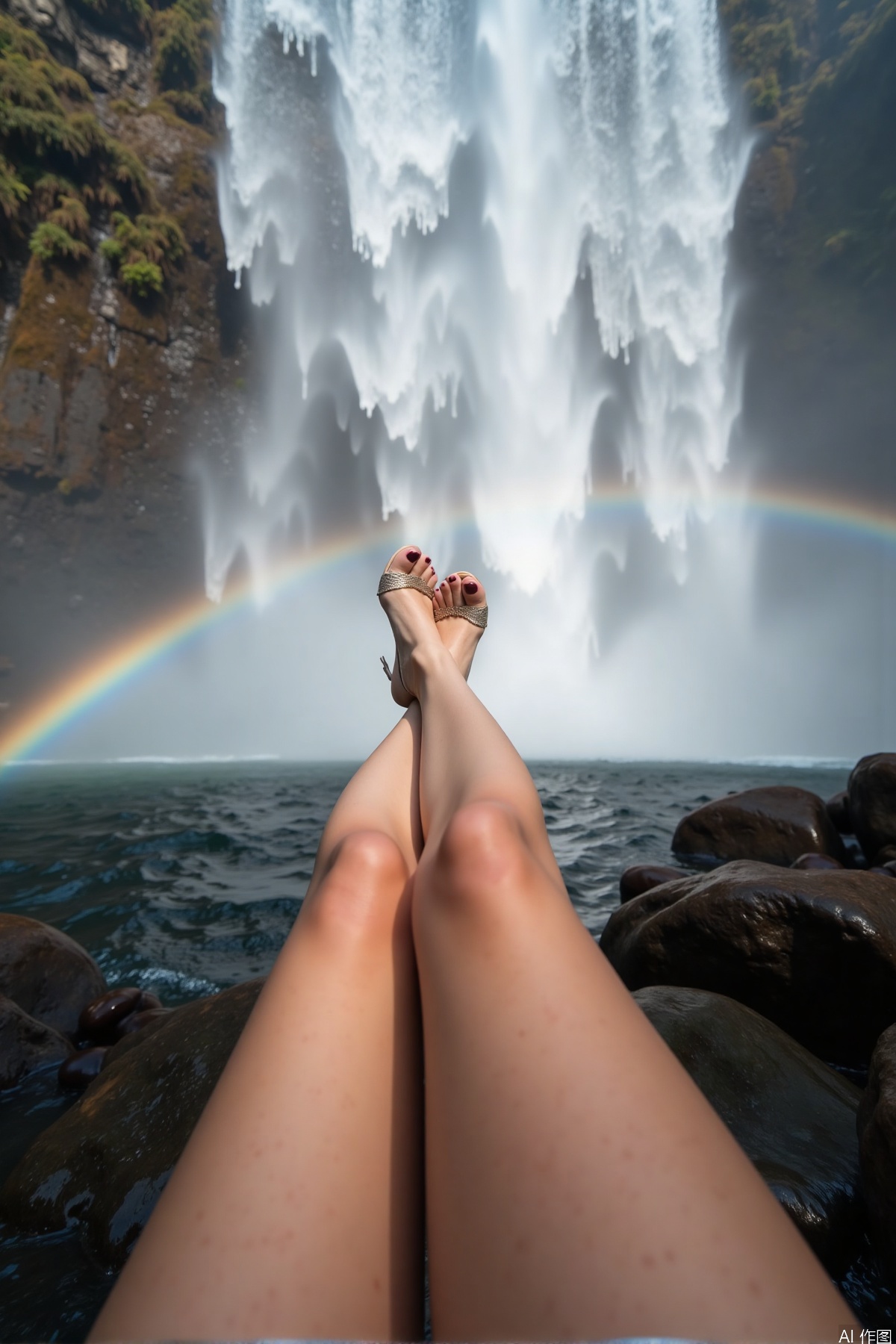 Realistic photo of a woman's legs and feet, the subject is sitting on a rock, with legs stretching towards the camera, fair long legs, high heels, in the background, huge waterfall pouring down, mist, big rainbow, adventure and natural feeling,