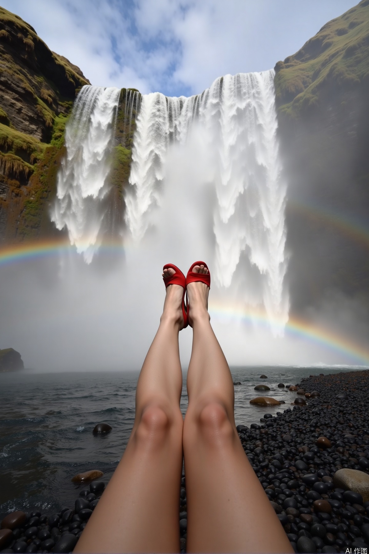 Realistic photo of a woman's legs and feet, the subject is sitting on a rock, with legs stretching towards the camera, fair long legs, red high heels, in the background, huge waterfall pouring down, mist, big rainbow, adventure and natural feeling,