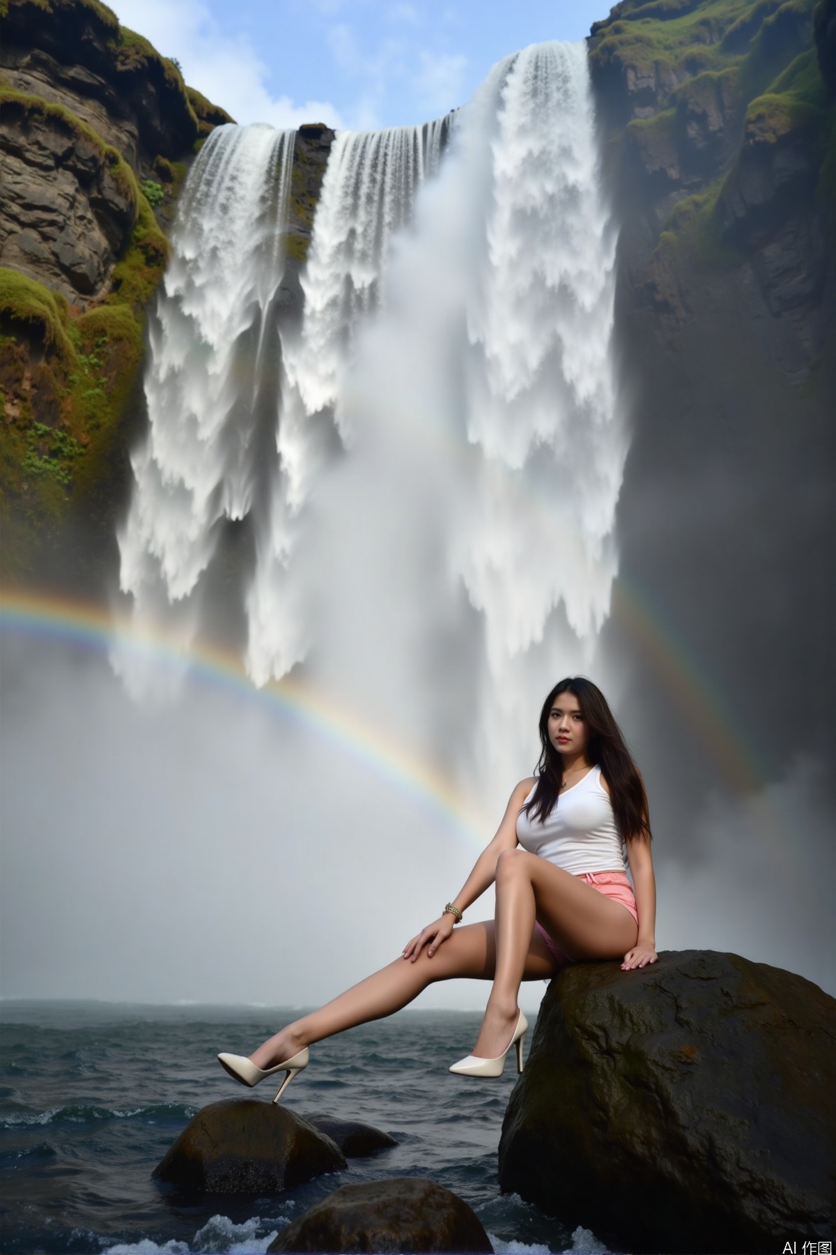 Realistic photo of a woman's legs and feet, the subject is sitting on a rock, with legs stretching towards the camera, fair long legs, high heels, in the background, huge waterfall pouring down, mist, big rainbow, adventure and natural feeling,
