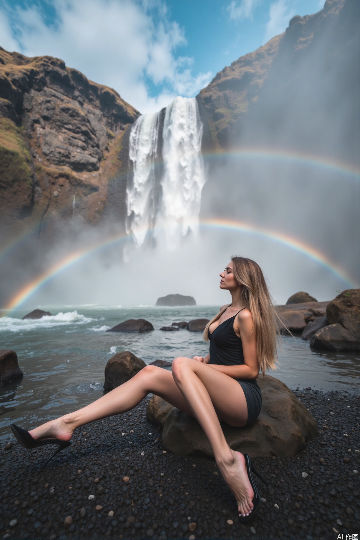 Realistic photo of a woman's legs and feet, the subject is sitting on a rock, with legs stretching towards the camera, fair long legs, high heels, in the background, huge waterfall pouring down, mist, big rainbow, adventure and natural feeling,