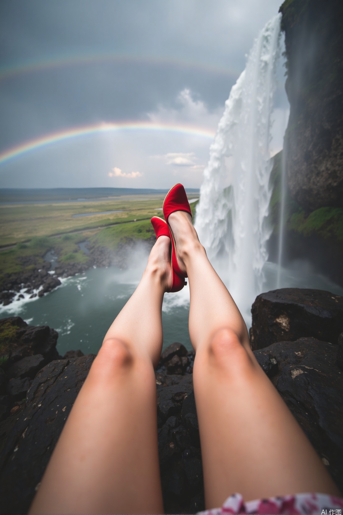 Realistic photo of a woman's legs and feet, the subject is sitting on a rock, with legs stretching towards the camera, fair long legs, red high heels, in the background, huge waterfall pouring down, mist, big rainbow, adventure and natural feeling,