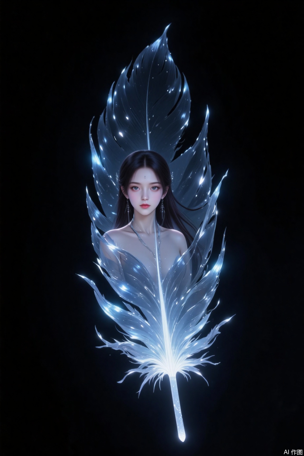 (A Floating Feather, single cutout, black background), On the surface of one feather、The image of a beautiful female god is projected, Illumination art