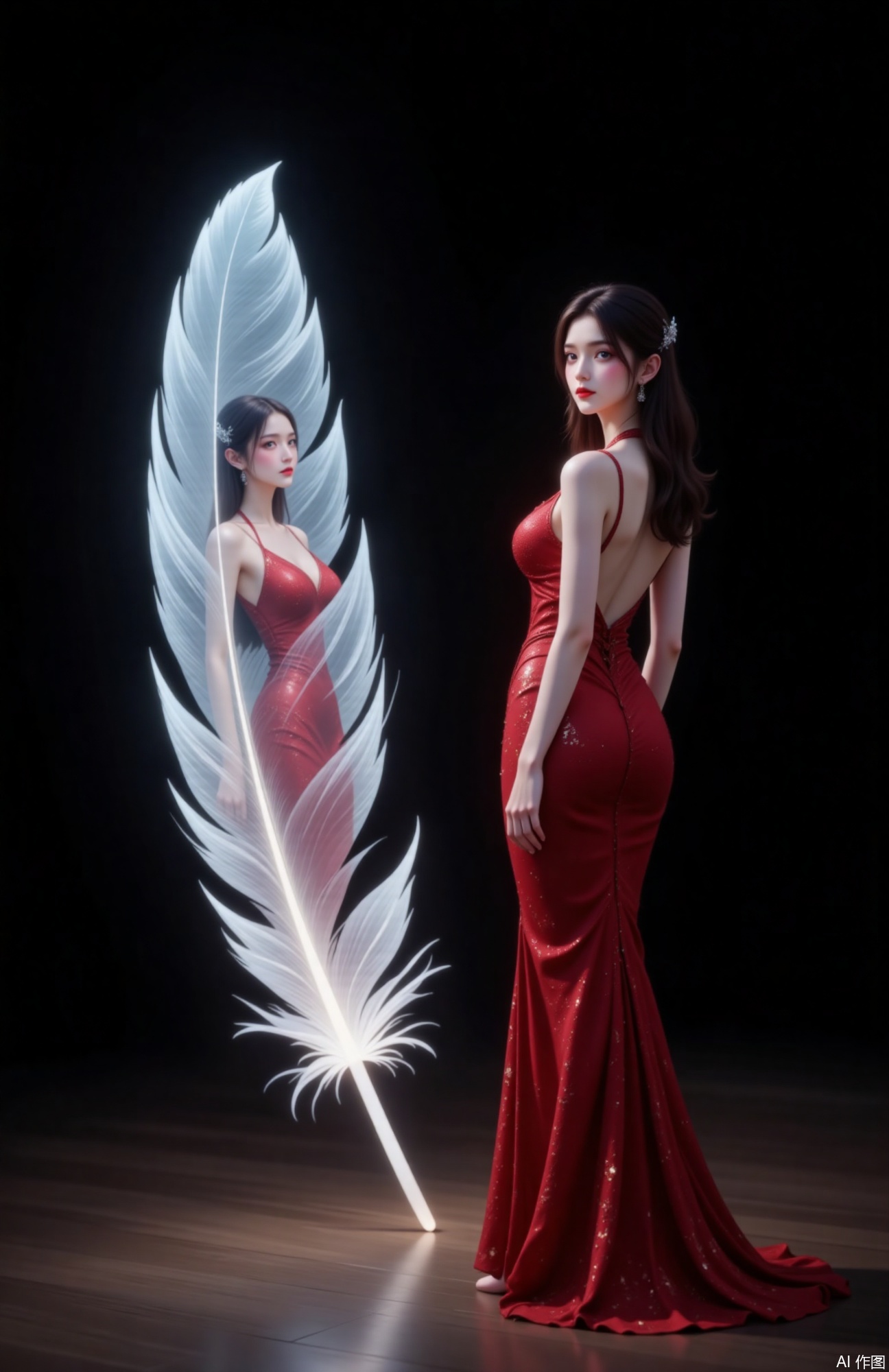 In the dimly lit room, a stunning girl stood gracefully. She was dressed in a form-fitting red evening gown, which accentuated her perfect S-shaped curves, with a high V-slit on one side. Her posture was elegant yet confident, as she stood sideways with one hand placed on her hip. The gown shimmered under the soft light, highlighting her beauty.​In front of her was a large, pristine white feather. The feather seemed to have a life of its own, gently floating in the air. The girl's reflection was perfectly captured within it, creating an almost magical scene. The background was a deep, dark black, which contrasted sharply with the bright white of the feather and the vibrant red of her dress. The whole scene was like a dream, where reality and illusion intertwined.​In the softly illuminated chamber, a breathtaking young lady stood with an air of grace. Clad in a figure-hugging crimson evening gown, her exquisite S-curve silhouette was accentuated, the high V-slit on the side adding a touch of allure. Her stance was poised yet self-assured, as she stood sideways with one hand resting on her hip. The gown glistened under the gentle light, enhancing her beauty.​Before her floated a large, pure white feather, seemingly suspended in mid-air. Within the feather, her reflection was perfectly mirrored, creating an almost enchanting spectacle. The background was a deep, dark black, starkly contrasting with the bright white of the feather and the vivid red of her dress. The entire scene was like a dream, where reality and illusion intertwined.​