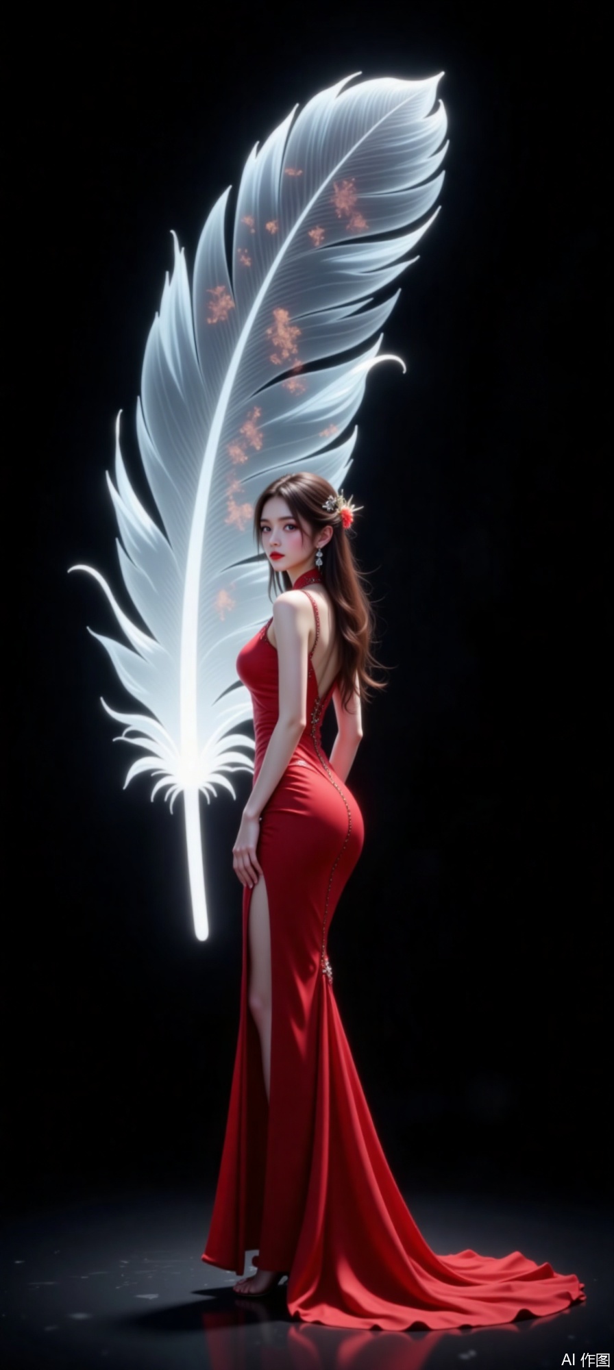 In the dimly lit room, a stunning girl stood gracefully. She was dressed in a form-fitting red evening gown, which accentuated her perfect S-shaped curves, with a high V-slit on one side. Her posture was elegant yet confident, as she stood sideways with one hand placed on her hip. The gown shimmered under the soft light, highlighting her beauty.​In front of her was a large, pristine white feather. The feather seemed to have a life of its own, gently floating in the air. The girl's reflection was perfectly captured within it, creating an almost magical scene. The background was a deep, dark black, which contrasted sharply with the bright white of the feather and the vibrant red of her dress. The whole scene was like a dream, where reality and illusion intertwined.​In the softly illuminated chamber, a breathtaking young lady stood with an air of grace. Clad in a figure-hugging crimson evening gown, her exquisite S-curve silhouette was accentuated, the high V-slit on the side adding a touch of allure. Her stance was poised yet self-assured, as she stood sideways with one hand resting on her hip. The gown glistened under the gentle light, enhancing her beauty.​Before her floated a large, pure white feather, seemingly suspended in mid-air. Within the feather, her reflection was perfectly mirrored, creating an almost enchanting spectacle. The background was a deep, dark black, starkly contrasting with the bright white of the feather and the vivid red of her dress. The entire scene was like a dream, where reality and illusion intertwined.​