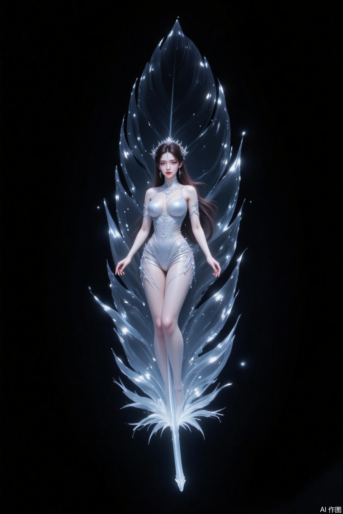 (A Floating Feather, single cutout, black background), On the surface of one feather、The image of a beautiful female god is projected, Illumination art