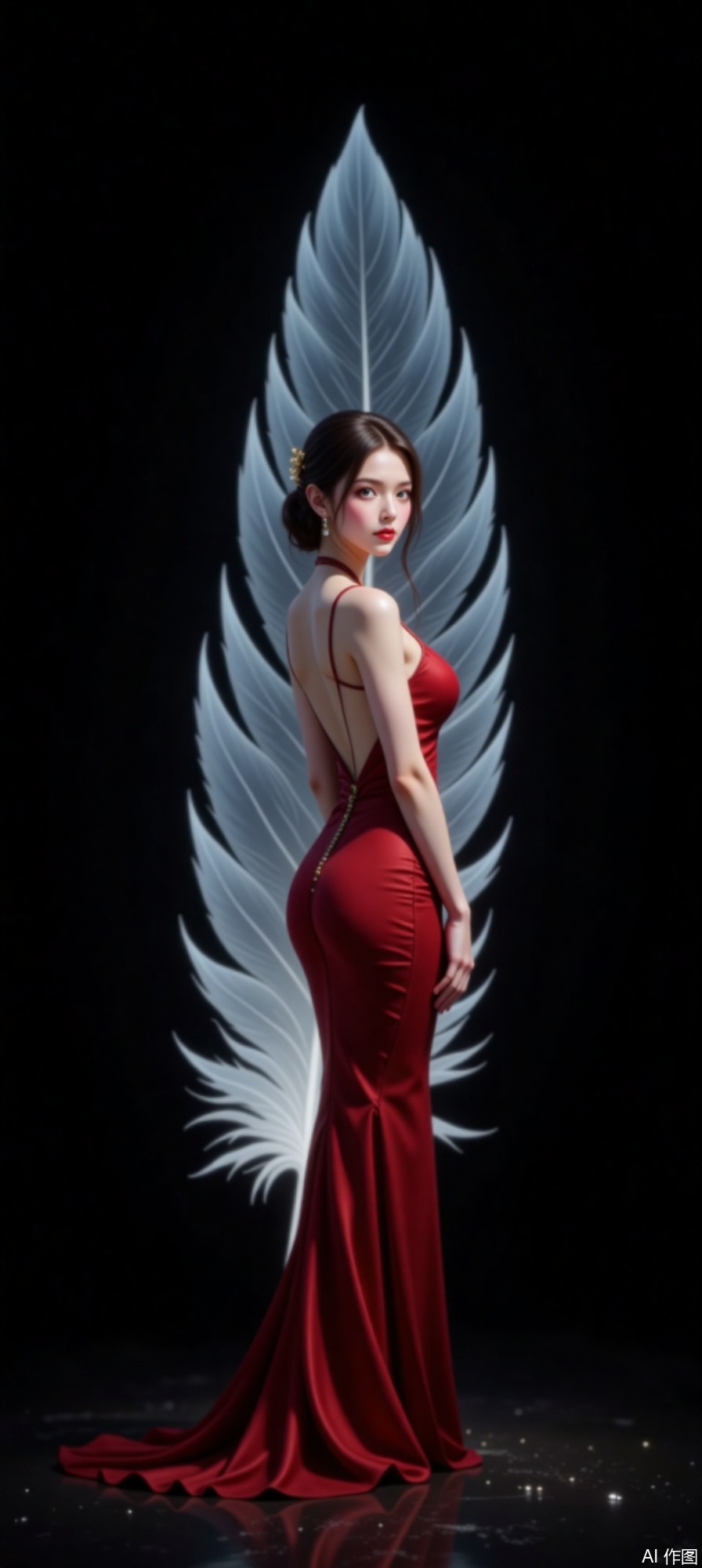In the dimly lit room, a stunning girl stood gracefully. She was dressed in a form-fitting red evening gown, which accentuated her perfect S-shaped curves, with a high V-slit on one side. Her posture was elegant yet confident, as she stood sideways with one hand placed on her hip. The gown shimmered under the soft light, highlighting her beauty.​In front of her was a large, pristine white feather. The feather seemed to have a life of its own, gently floating in the air. The girl's reflection was perfectly captured within it, creating an almost magical scene. The background was a deep, dark black, which contrasted sharply with the bright white of the feather and the vibrant red of her dress. The whole scene was like a dream, where reality and illusion intertwined.​In the softly illuminated chamber, a breathtaking young lady stood with an air of grace. Clad in a figure-hugging crimson evening gown, her exquisite S-curve silhouette was accentuated, the high V-slit on the side adding a touch of allure. Her stance was poised yet self-assured, as she stood sideways with one hand resting on her hip. The gown glistened under the gentle light, enhancing her beauty.​Before her floated a large, pure white feather, seemingly suspended in mid-air. Within the feather, her reflection was perfectly mirrored, creating an almost enchanting spectacle. The background was a deep, dark black, starkly contrasting with the bright white of the feather and the vivid red of her dress. The entire scene was like a dream, where reality and illusion intertwined.​