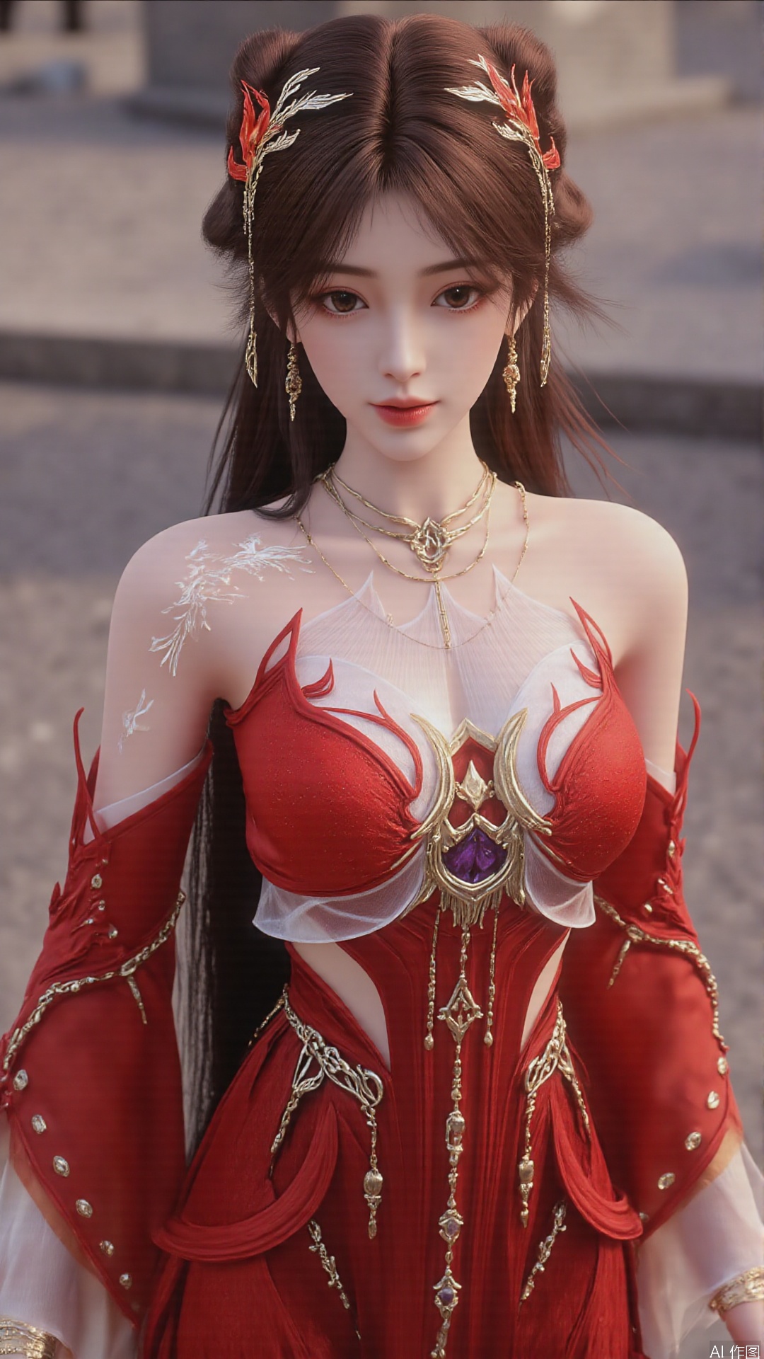 1girl, solo, brown hair, hair ornament, long hair, bare shoulders, looking at viewer, brown eyes, jewelry, red dress, perfect body, scenery, sharp focus, best quality, masterpiece, detailed outfit, illustration, perfect eyes, finely detailed beautiful anime eyes, realistic skin, intricate details, best lighting, depth of field, ultra high resolution, full body 