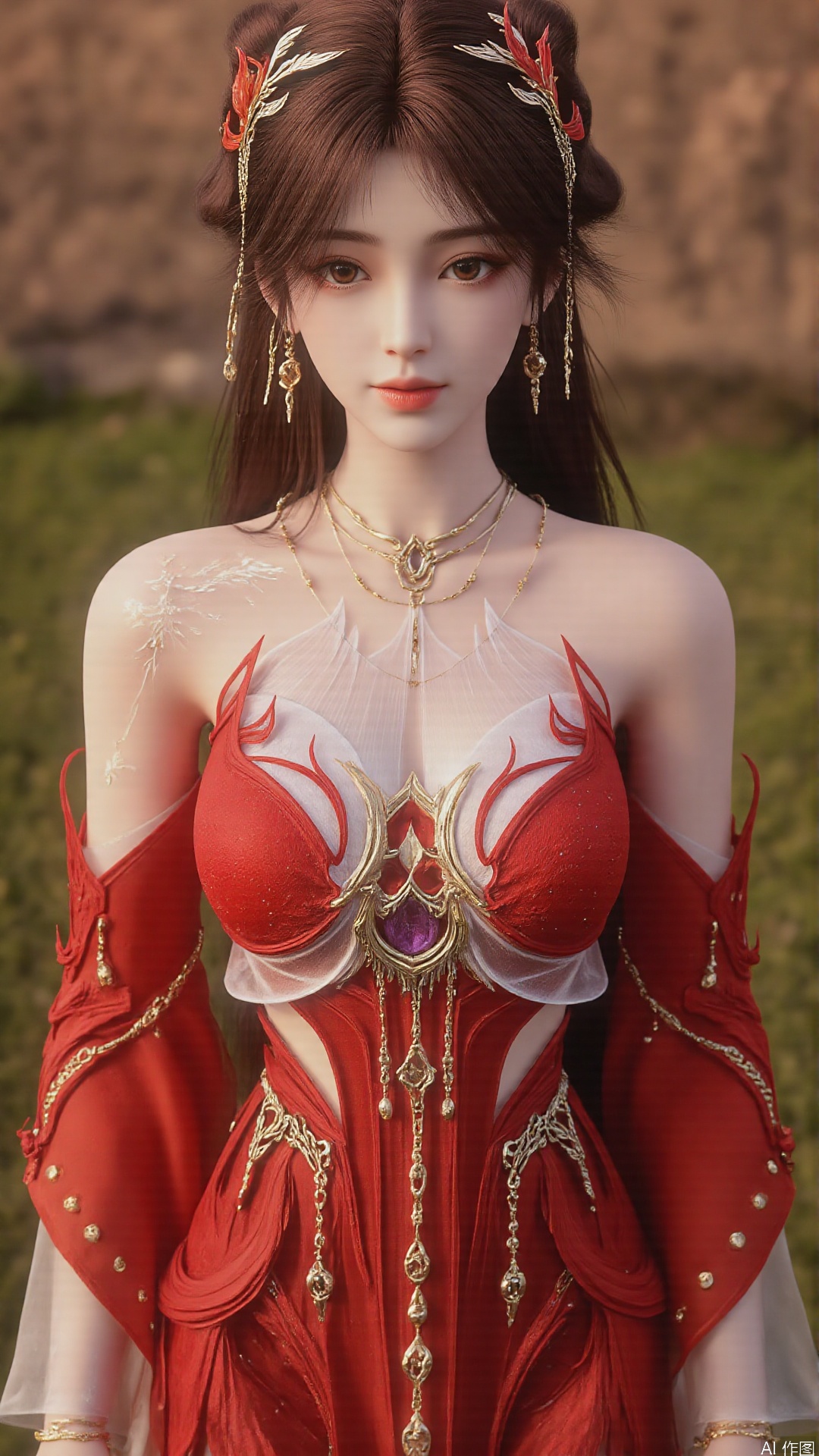 1girl, solo, brown hair, hair ornament, long hair, bare shoulders, looking at viewer, brown eyes, jewelry, red dress, perfect body, scenery, sharp focus, best quality, masterpiece, detailed outfit, illustration, perfect eyes, finely detailed beautiful anime eyes, realistic skin, intricate details, best lighting, depth of field, ultra high resolution, full body 