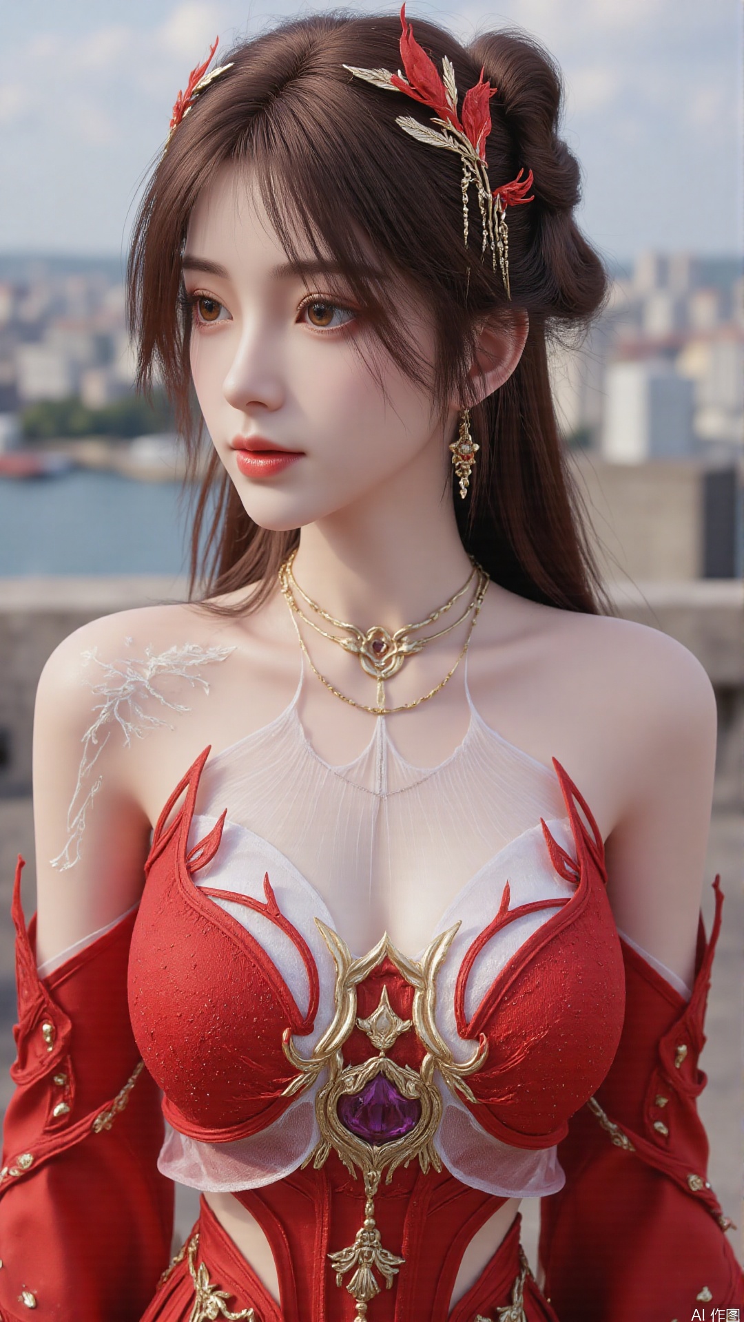 1girl, solo, brown hair, hair ornament, long hair, bare shoulders, looking at viewer, brown eyes, jewelry, red dress, perfect body, scenery, sharp focus, best quality, masterpiece, detailed outfit, illustration, perfect eyes, finely detailed beautiful anime eyes, realistic skin, intricate details, best lighting, depth of field, ultra high resolution, full body 