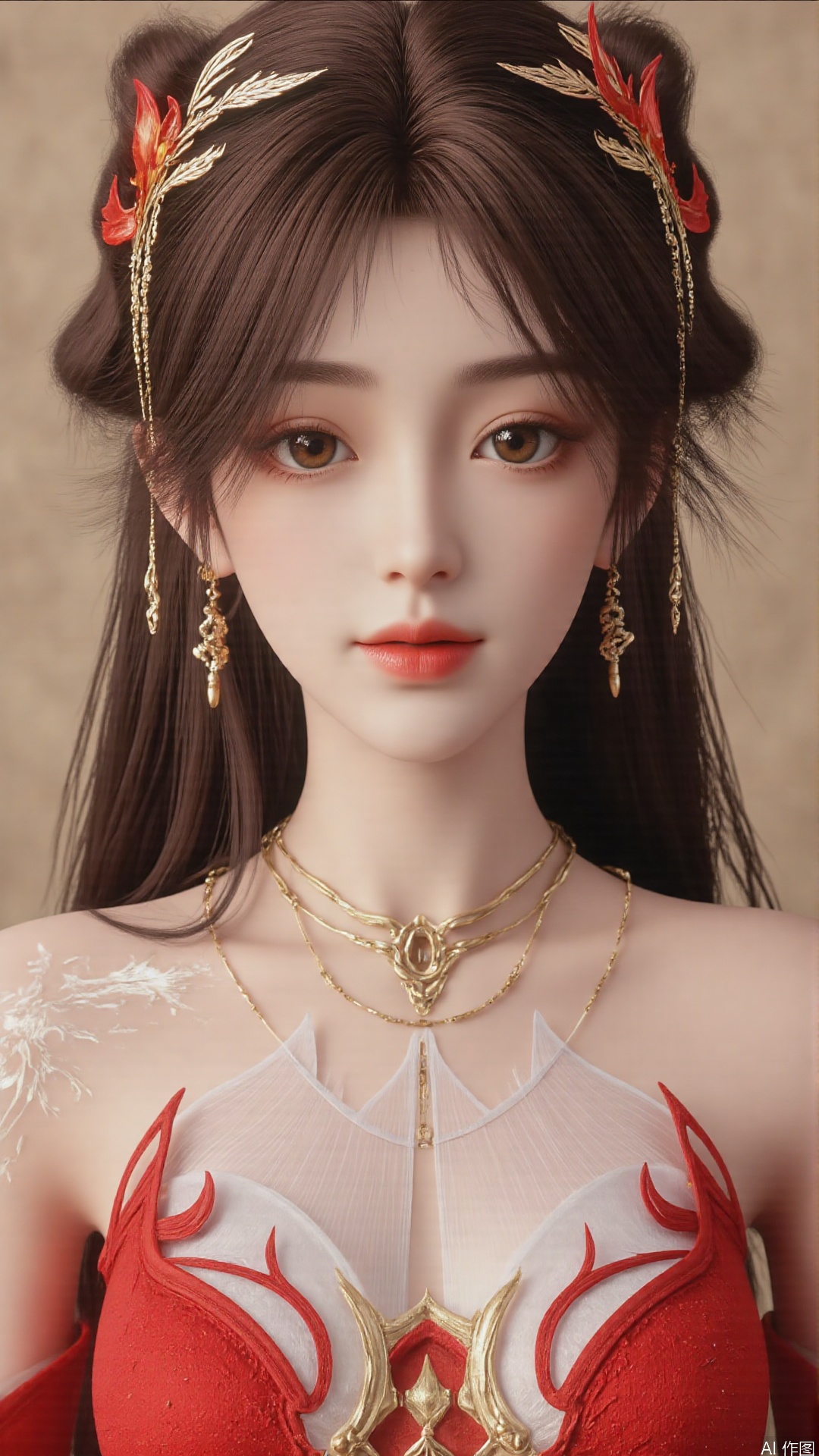 1girl, solo, brown hair, hair ornament, long hair, bare shoulders, looking at viewer, brown eyes, jewelry, red dress, perfect body, scenery, sharp focus, best quality, masterpiece, detailed outfit, illustration, perfect eyes, finely detailed beautiful anime eyes, realistic skin, intricate details, best lighting, depth of field, ultra high resolution, full body 