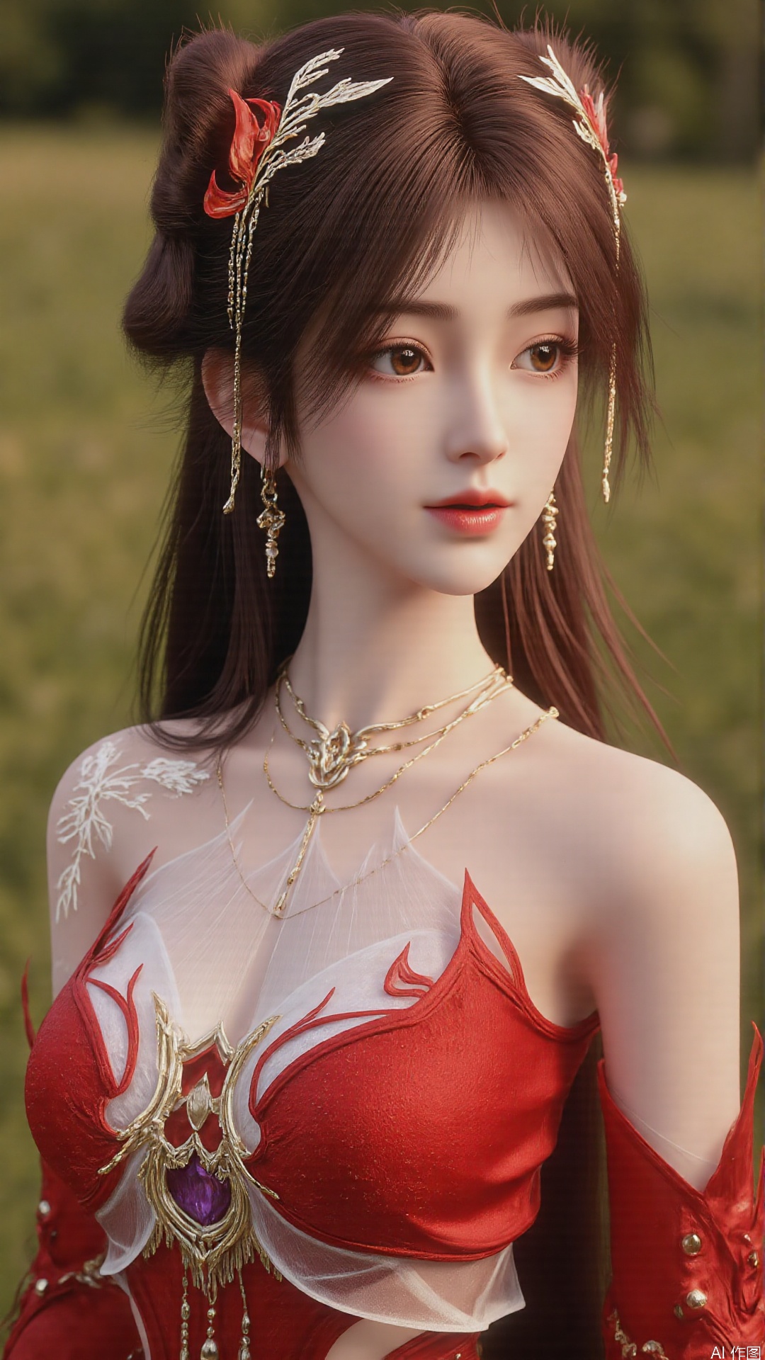 1girl, solo, brown hair, hair ornament, long hair, bare shoulders, looking at viewer, brown eyes, jewelry, red dress, perfect body, scenery, sharp focus, best quality, masterpiece, detailed outfit, illustration, perfect eyes, finely detailed beautiful anime eyes, realistic skin, intricate details, best lighting, depth of field, ultra high resolution, full body 