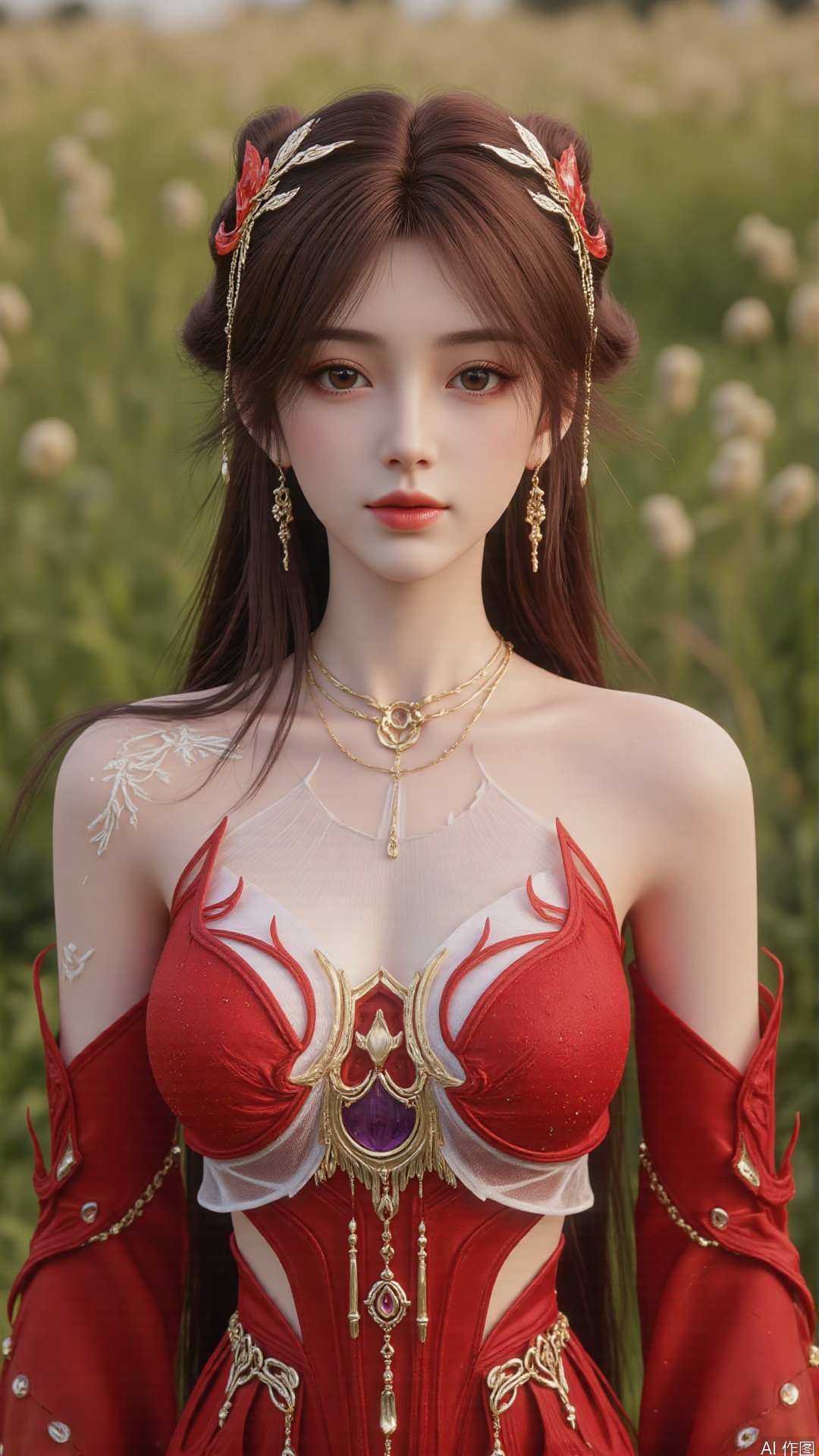 1girl, solo, brown hair, hair ornament, long hair, bare shoulders, looking at viewer, brown eyes, jewelry, red dress, perfect body, scenery, sharp focus, best quality, masterpiece, detailed outfit, illustration, perfect eyes, finely detailed beautiful anime eyes, realistic skin, intricate details, best lighting, depth of field, ultra high resolution, full body 