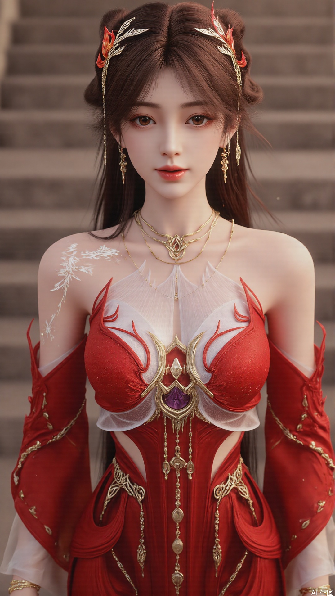 1girl, solo, brown hair, hair ornament, long hair, bare shoulders, looking at viewer, brown eyes, jewelry, red dress, perfect body, scenery, sharp focus, best quality, masterpiece, detailed outfit, illustration, perfect eyes, finely detailed beautiful anime eyes, realistic skin, intricate details, best lighting, depth of field, ultra high resolution, full body 