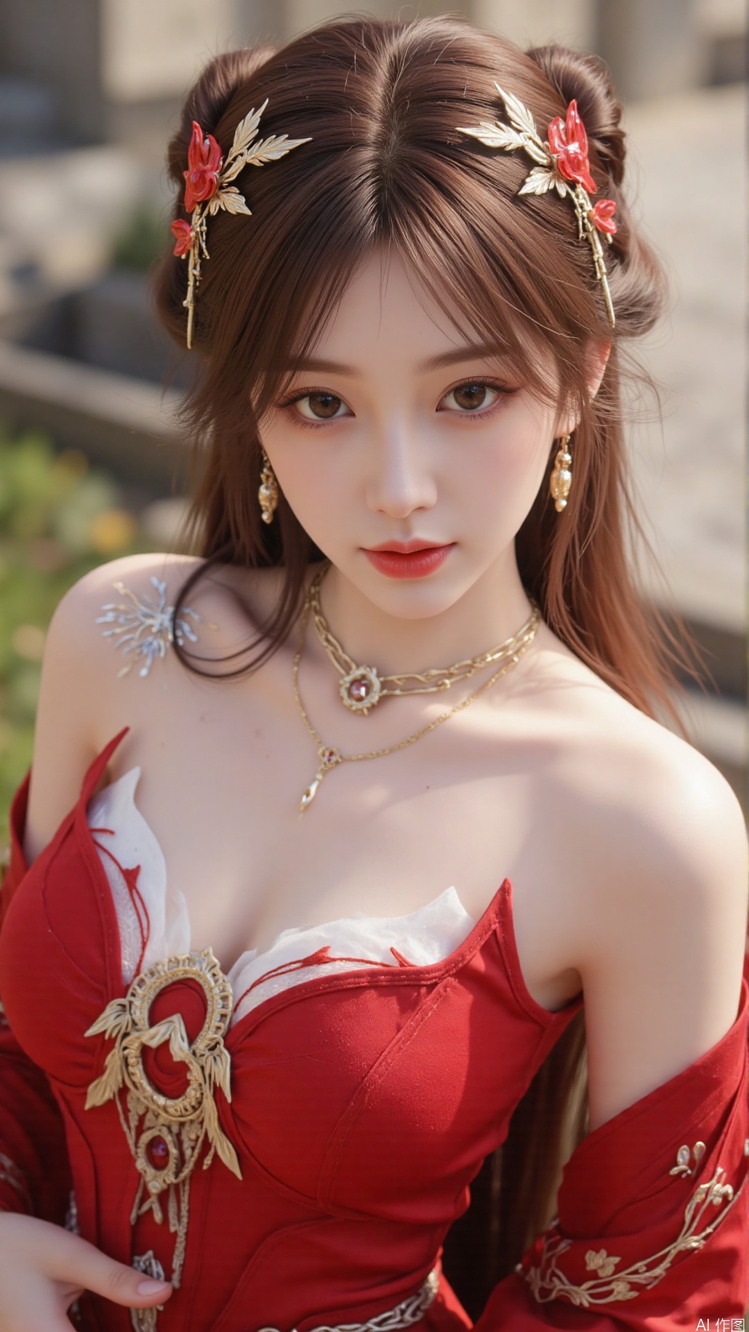 1girl, solo, brown hair, hair ornament, long hair, bare shoulders, looking at viewer, brown eyes, jewelry, red dress, perfect body, scenery, sharp focus, best quality, masterpiece, detailed outfit, illustration, perfect eyes, finely detailed beautiful anime eyes, realistic skin, intricate details, best lighting, depth of field, ultra high resolution, full body 
