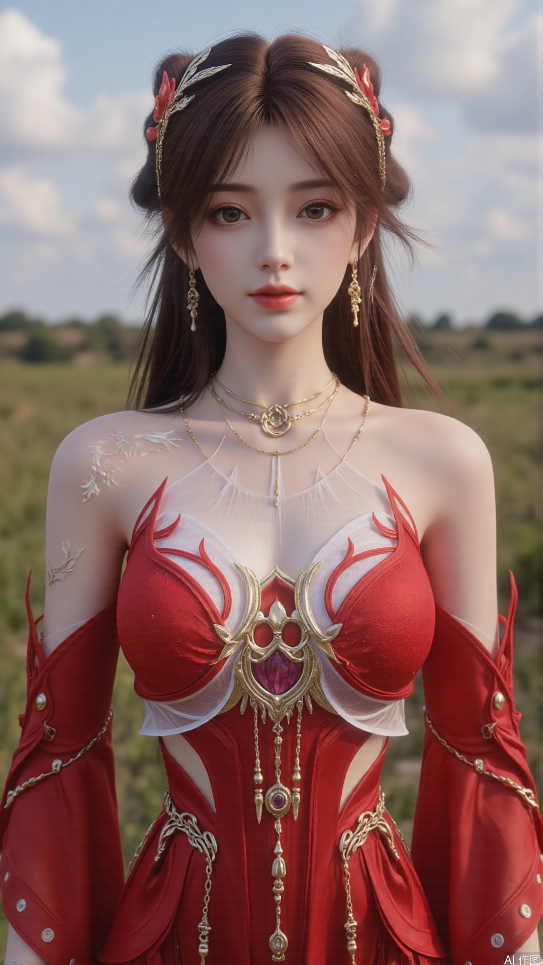 1girl, solo, brown hair, looking at viewer, red dress, perfect body, scenery, sharp focus, best quality, masterpiece, detailed outfit, illustration, perfect eyes, finely detailed beautiful anime eyes, realistic skin, intricate details, best lighting, depth of field, ultra high resolution, full body 