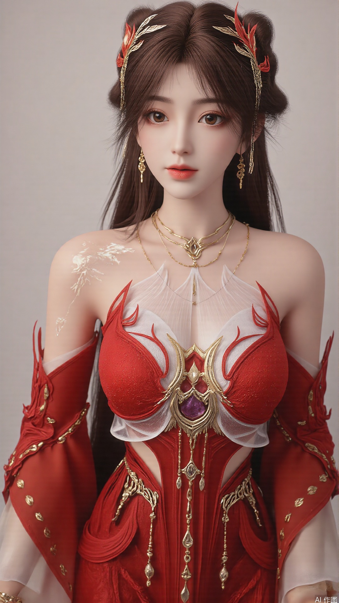 1girl, solo, brown hair, hair ornament, long hair, bare shoulders, looking at viewer, brown eyes, jewelry, red dress, perfect body, scenery, sharp focus, best quality, masterpiece, detailed outfit, illustration, perfect eyes, finely detailed beautiful anime eyes, realistic skin, intricate details, best lighting, depth of field, ultra high resolution, full body 