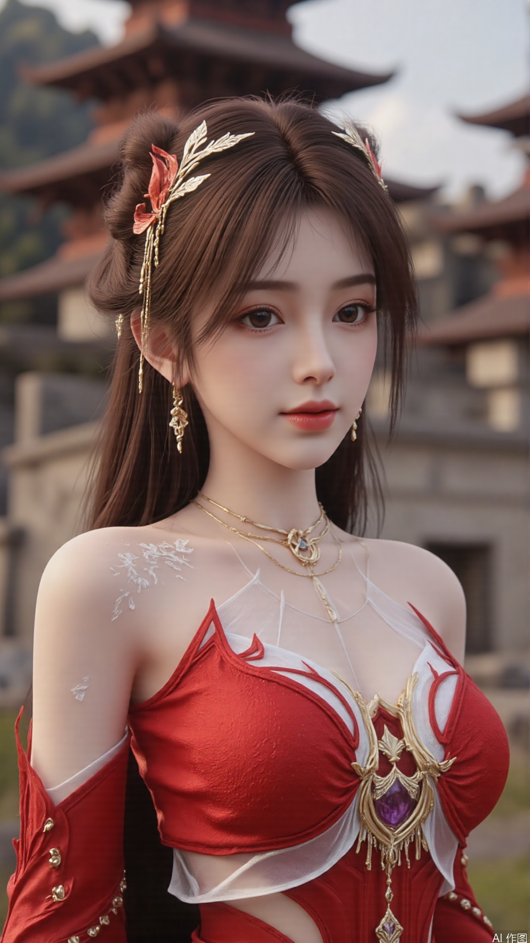1girl, solo, brown hair, hair ornament, long hair, bare shoulders, looking at viewer, brown eyes, jewelry, red dress, perfect body, scenery, sharp focus, best quality, masterpiece, detailed outfit, illustration, perfect eyes, finely detailed beautiful anime eyes, realistic skin, intricate details, best lighting, depth of field, ultra high resolution, full body 