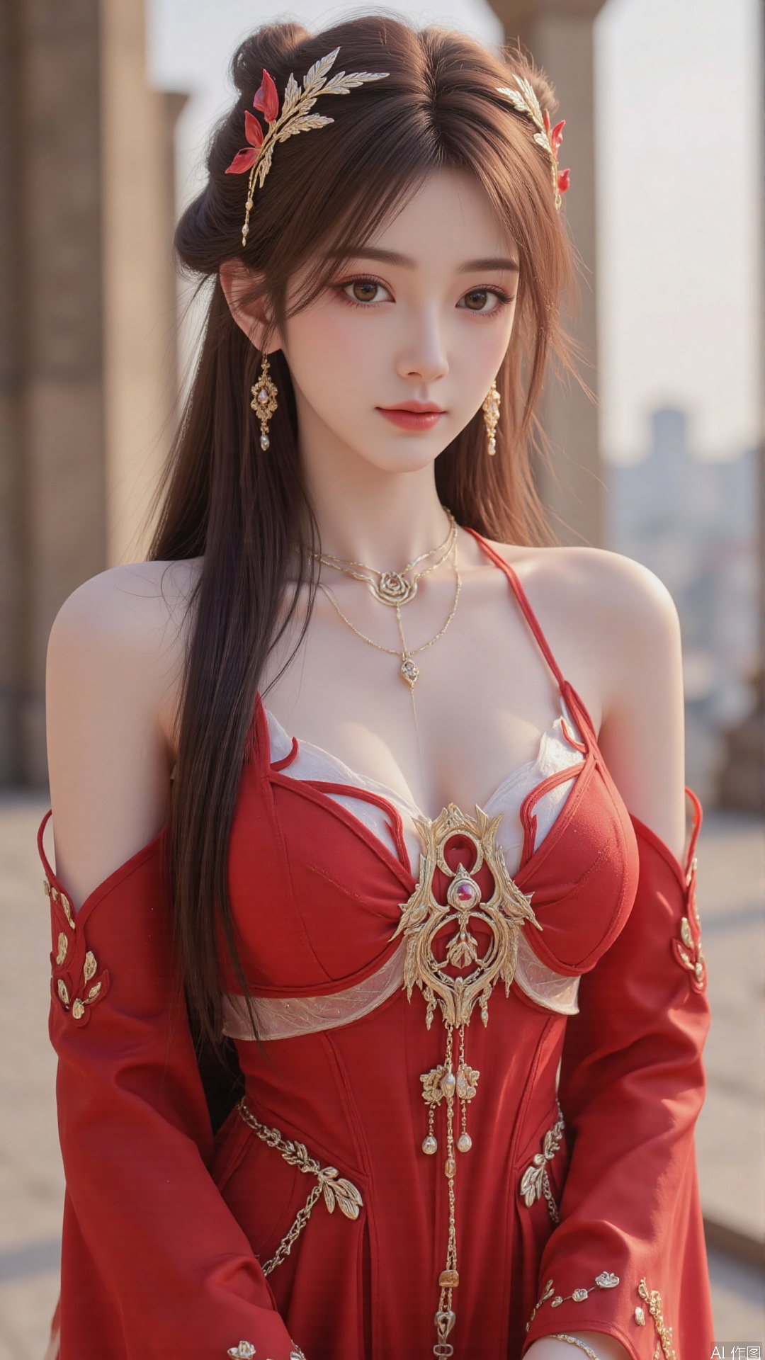 1girl, solo, brown hair, hair ornament, long hair, bare shoulders, looking at viewer, brown eyes, jewelry, red dress, perfect body, scenery, sharp focus, best quality, masterpiece, detailed outfit, illustration, perfect eyes, finely detailed beautiful anime eyes, realistic skin, intricate details, best lighting, depth of field, ultra high resolution, full body 