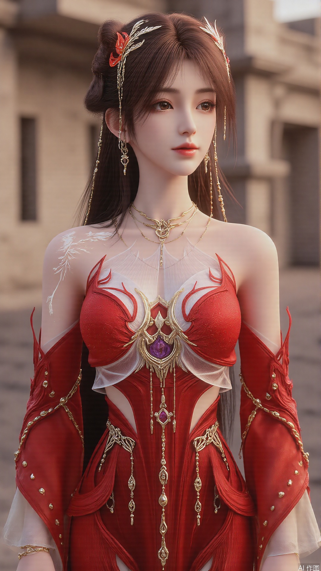 1girl, solo, brown hair, hair ornament, long hair, bare shoulders, looking at viewer, brown eyes, jewelry, red dress, perfect body, scenery, sharp focus, best quality, masterpiece, detailed outfit, illustration, perfect eyes, finely detailed beautiful anime eyes, realistic skin, intricate details, best lighting, depth of field, ultra high resolution, full body 
