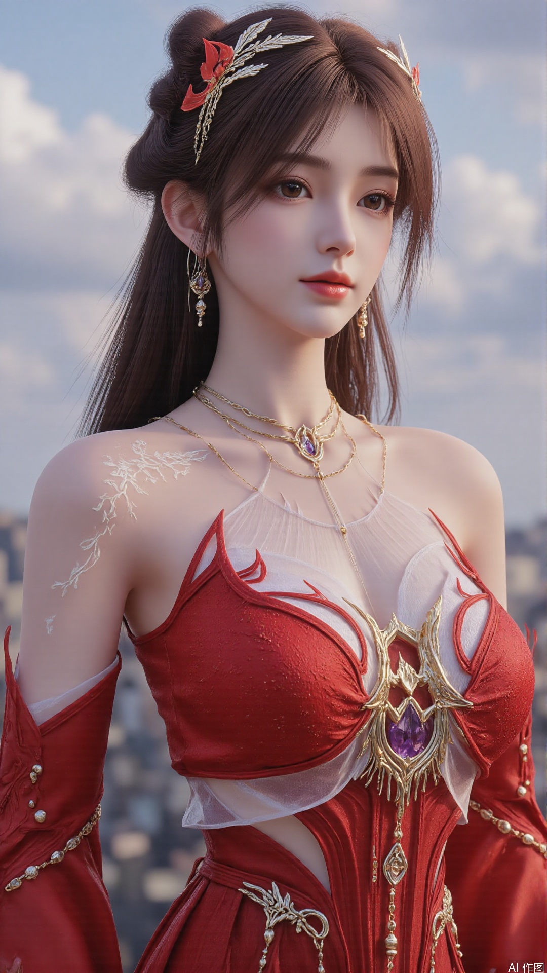1girl, solo, brown hair, looking at viewer, brown eyes, perfect body, scenery, sharp focus, best quality, masterpiece, detailed outfit, illustration, perfect eyes, finely detailed beautiful anime eyes, realistic skin, intricate details, best lighting, depth of field, ultra high resolution, full body 
