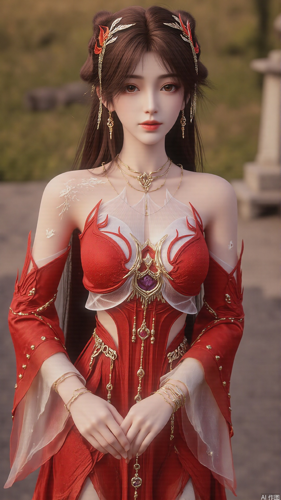 1girl, solo, brown hair, hair ornament, long hair, bare shoulders, looking at viewer, brown eyes, jewelry, red dress, perfect body, scenery, sharp focus, best quality, masterpiece, detailed outfit, illustration, perfect eyes, finely detailed beautiful anime eyes, realistic skin, intricate details, best lighting, depth of field, ultra high resolution, full body 
