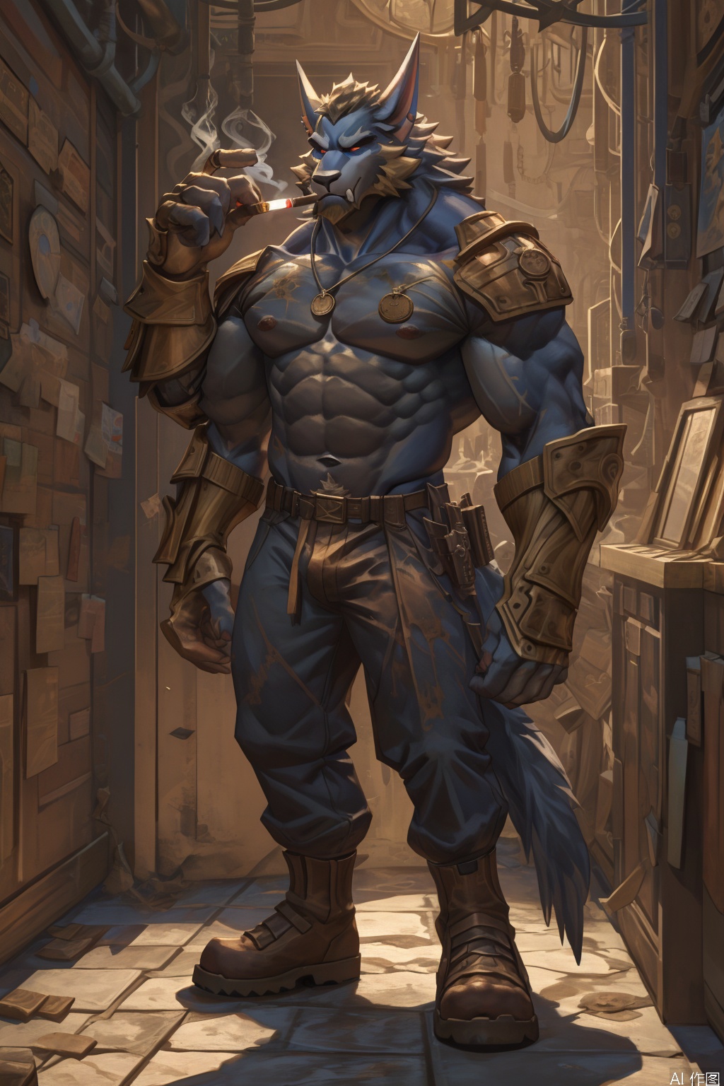 solo, character:warwick, 1boy, holding, standing, full body, cigarette, steampunk, pocket watch store, gear, copper rust, male focus, boots, holding cigarette, armor, muscular, facial hair, holding sword, eyepatch, pectorals, muscular male, shoulder armor, smoke, dual wielding