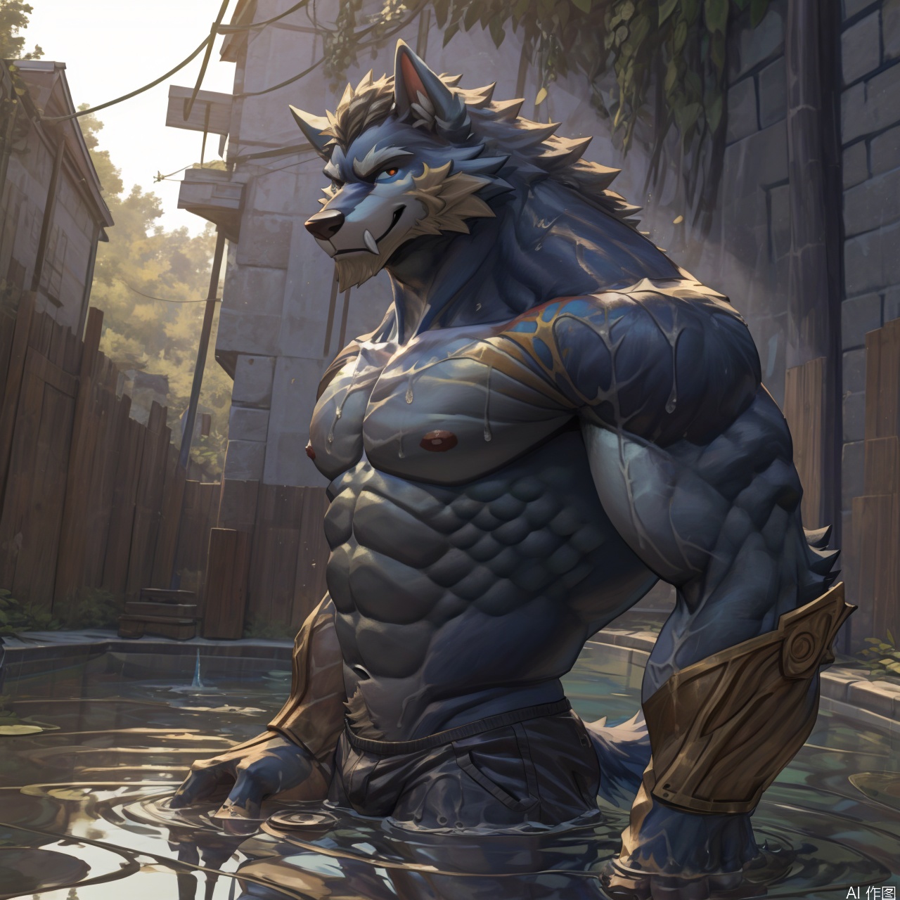 solo, looking at viewer, smile, short hair, 1boy, navel, animal ears, nipples, tail, male focus, water, stomach, from side, wet, muscular, bird, abs, wolf ears, pectorals, muscular male, bara, furry, partially submerged, large pectorals, topless male, furry male,wolf boy, character:warwick