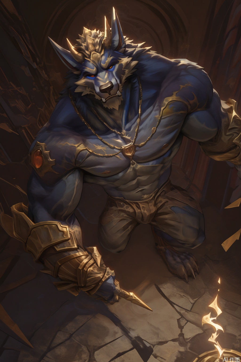 solo, 1boy, holding, jewelry, male focus, horns, necklace, staff, furry, holding staff, magic, furry male,wolf boy, character:warwick