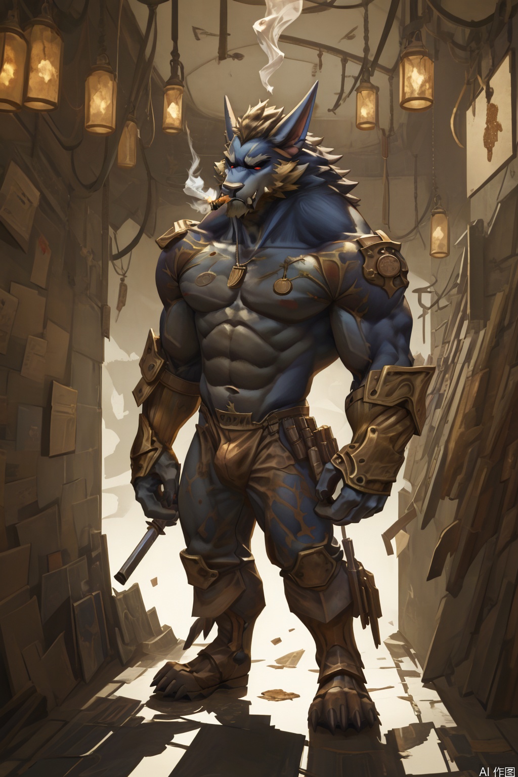 solo, character:warwick, 1boy, holding, standing, full body, cigarette, steampunk, pocket watch store, gear, copper rust, male focus, boots, holding cigarette, armor, muscular, facial hair, holding sword, eyepatch, pectorals, muscular male, shoulder armor, smoke, dual wielding