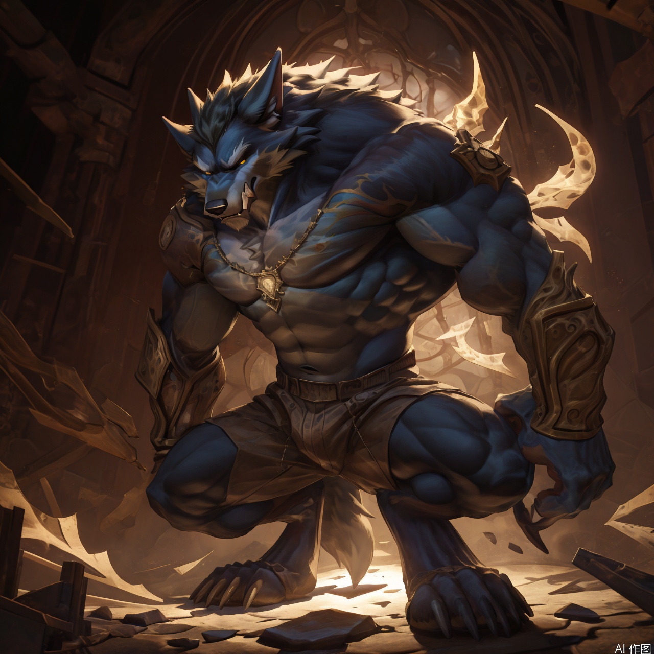 The image depicts a highly detailed and vibrant digital artwork of a muscular anthropomorphic wolf character. The wolf is adorned with intricate armor that includes glowing blue and green gemstones, emphasizing its powerful physique. The character's fur is a mix of white and blue hues, and it has sharp, pointed ears and a fierce expression. The background is dark, with swirling, ethereal light effects that enhance the mystical and powerful aura of the character. There is also a smaller, less detailed wolf character in the background, adding depth to the scene.wolf boy, character:warwick