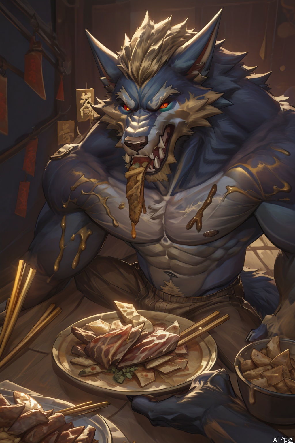 1boy, holding, animal ears, yellow eyes, male focus, food, teeth, solo focus, pov, eating, sharp teeth, anger vein, angry, furry, 1other, colored sclera, chopsticks, furry male, white fur, feeding, meat, wolf, wolf boy, character:warwick