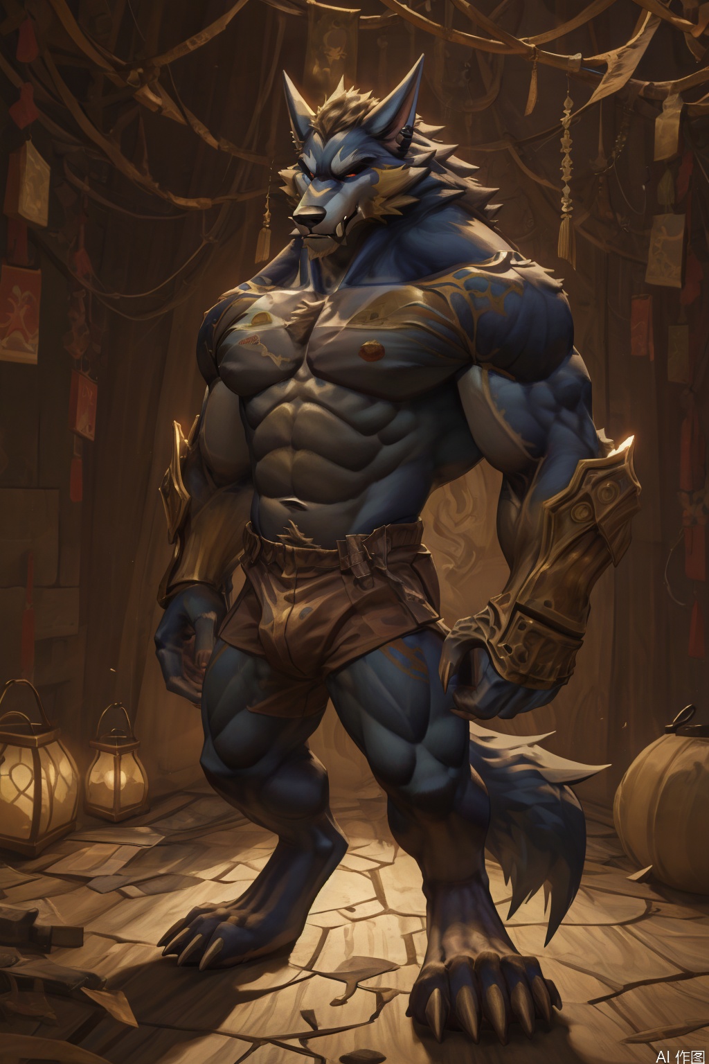 character:warwick,1boy,solo,This image depicts a muscular anthropomorphic wolf character with blue fur. The wolf is standing upright on two legs and is wearing a brown leather vest with intricate designs over its chest and shoulders. The vest has a rugged, battle-ready appearance. The character also wears red arm guards with a similar design, and a red belt with a golden emblem around its waist. The background features a festive scene with hanging lanterns and what appears to be a cloudy sky. The overall style of the image is vibrant and detailed, with a focus on the character's muscular physique and expressive features.