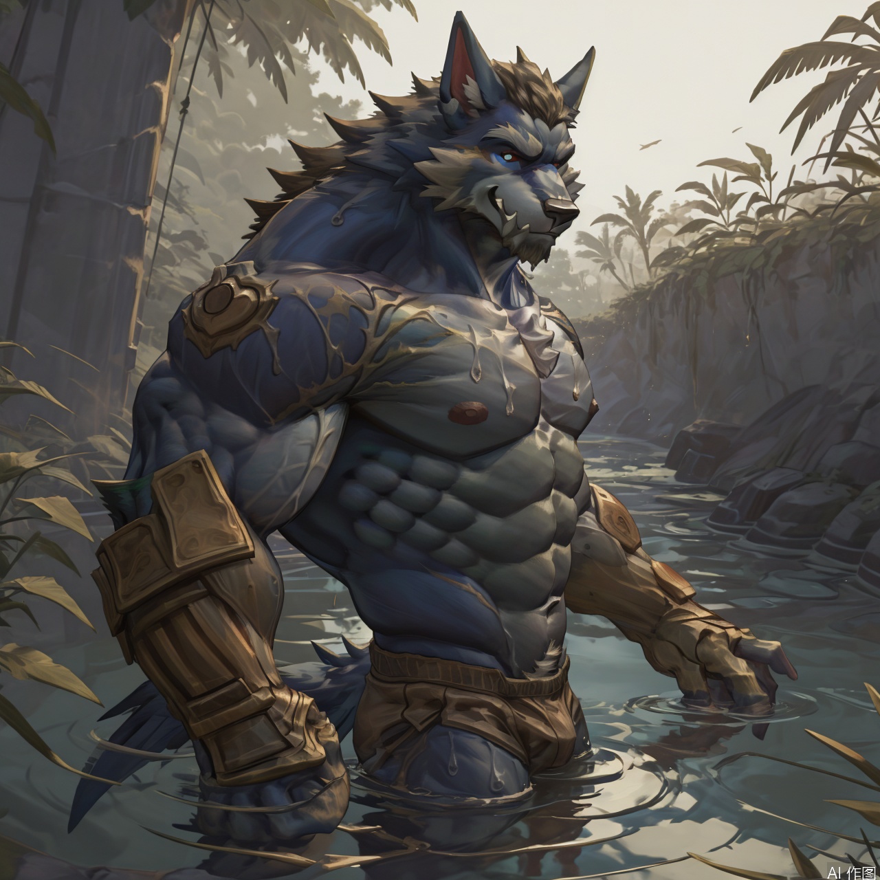 solo, looking at viewer, smile, short hair, 1boy, navel, animal ears, nipples, tail, male focus, water, stomach, from side, wet, muscular, bird, abs, wolf ears, pectorals, muscular male, bara, furry, partially submerged, large pectorals, topless male, furry male,wolf boy, character:warwick