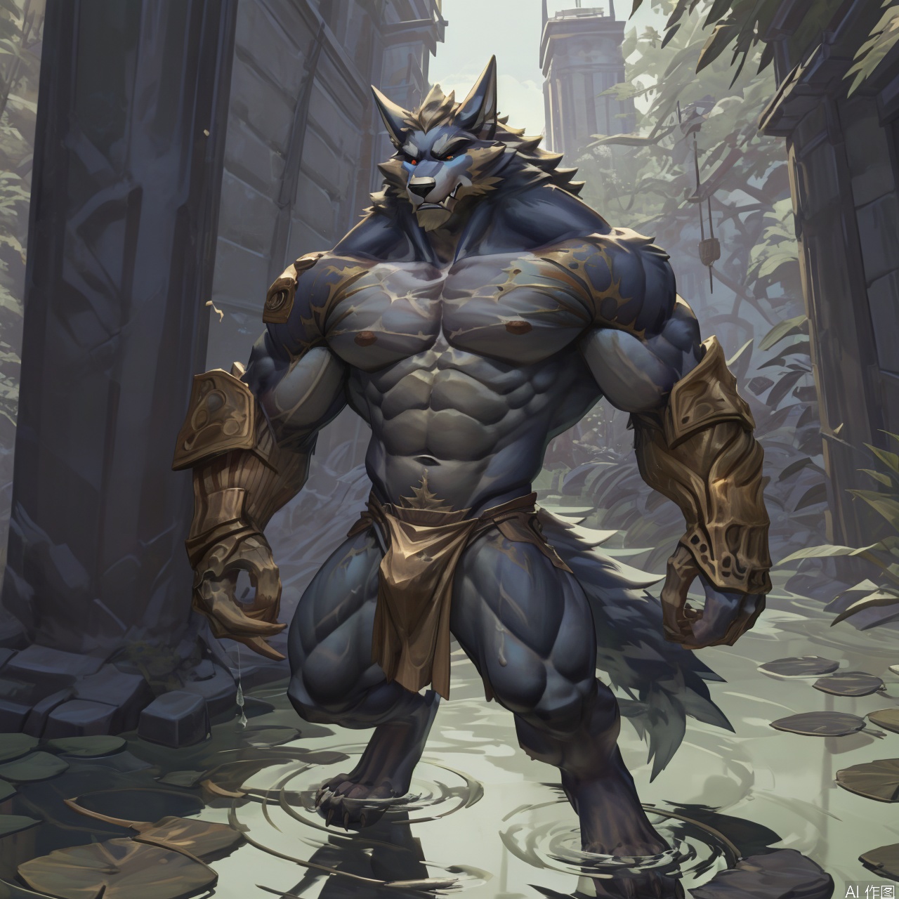 solo, 1boy, navel, holding, animal ears, full body, weapon, male focus, thighs, horns, water, stomach, holding weapon, armor, muscular, thick thighs, holding sword, abs, wolf ears, pectorals, muscular male, shoulder armor, bara, wolf tail, pelvic curtain, furry, large pectorals, furry male, bare pectorals, loincloth, pillar, wolf boy,character:warwick