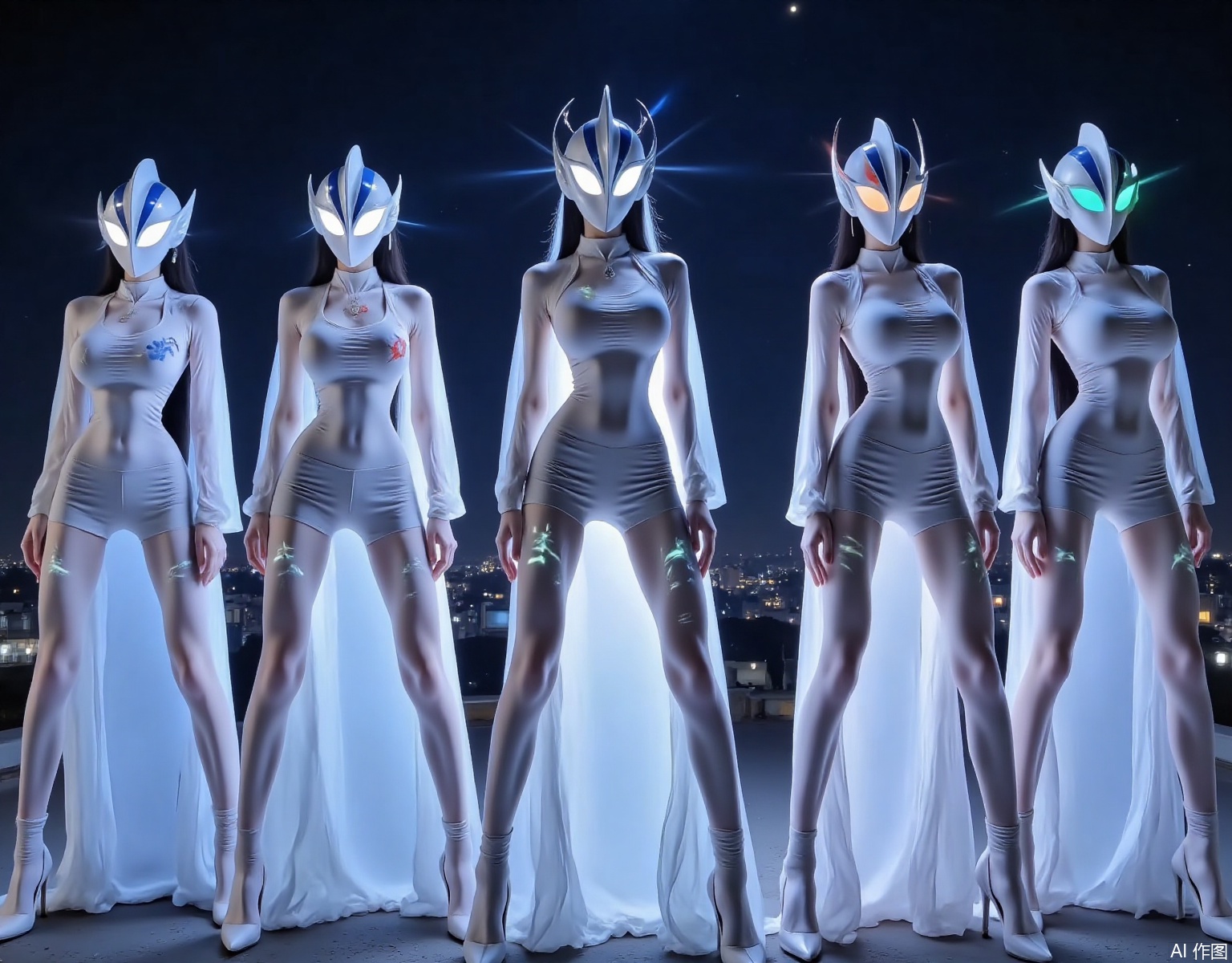 Multiple girls stand apart, with long black hair, dangling earrings, necklaces, large breasts, slim waists, and long legs, They are wearing white dresses , with glowing runes on the skirts, paired with white long socks and Ultraman helmets, the eyes of the helmets have long glowing eyelashes, the corners of the eyes on the helmets are long, horns grow on the helmets, and the eyes of the helmets emit rays of various colors.atm,They are on the Nanjing West Road Pedestrian Street in Shanghai.,ATM