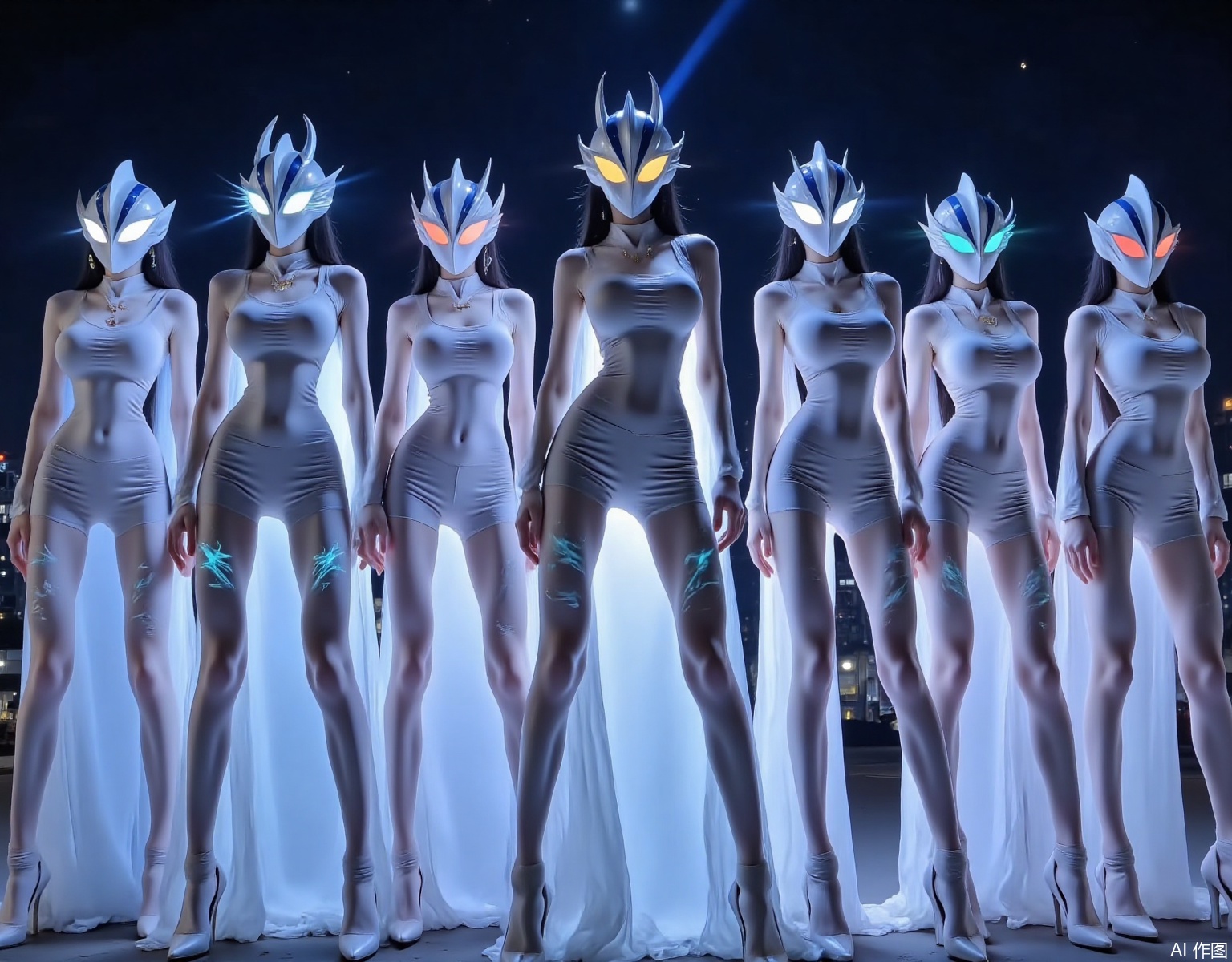 Multiple girls stand apart, with long black hair, dangling earrings, necklaces, large breasts, slim waists, and long legs, They are wearing white dresses , with glowing runes on the skirts, paired with white long socks and Ultraman helmets, the eyes of the helmets have long glowing eyelashes, the corners of the eyes on the helmets are long, horns grow on the helmets, and the eyes of the helmets emit rays of various colors.atm,They are on the Nanjing West Road Pedestrian Street in Shanghai.,ATM