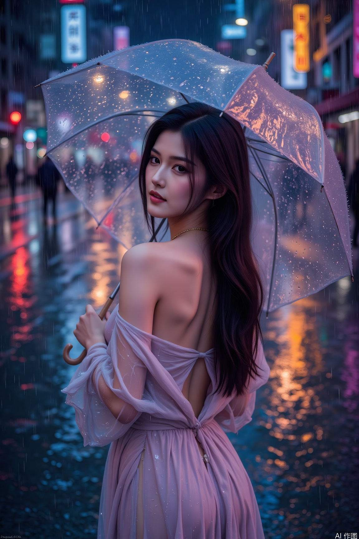 An elegant woman with smooth long hair and delicate features, wearing a vintage-style long dress with a gently fluttering hem. She is walking in the rainy night, holding a transparent umbrella, with raindrops forming glistening beads on its surface. The background features a brightly lit street, with neon lights twinkling in the rain, creating a visually striking composition. The lighting effect is prominent, with the warm light from street lamps interweaving with the cool light of neon signs to create a dreamy and elusive atmosphere. Shot with a Canon EOS 5D Mark IV camera, aperture f/2.8, shutter speed 1/60 second, ISO 800, using a cold-warm color contrast, with an overall tone of blue-purple to highlight the cold and mysterious atmosphere of the rainy night