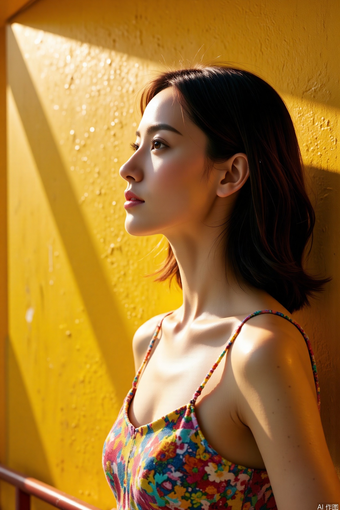 With the sunlight slanting, the elegant woman's profile is sharply defined, and the light and shadow create a strong sense of three-dimensionality. Sony A9, aperture f/2.2, shutter speed 1/160 second, ISO 100. The tone is bright and fresh, with vivid and lively colors.