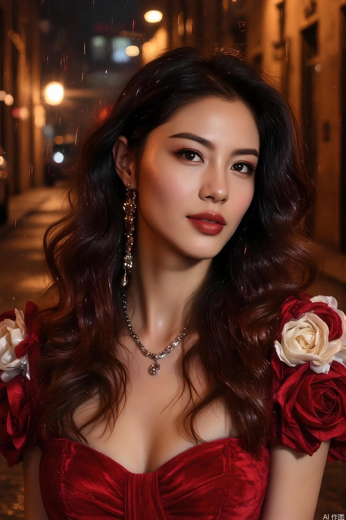 In a rainy alley, an elegant woman stands still. Raindrops sparkle under the light, weaving a romantic atmosphere with light and shadow. Sony A7M3, aperture f/2.0, shutter speed 1/40 second, ISO 1600. The tone has a striking contrast between warm and cool colors, with enhanced colors that add a dramatic feel.,red gown,made of layered red and cream flowers,necklace