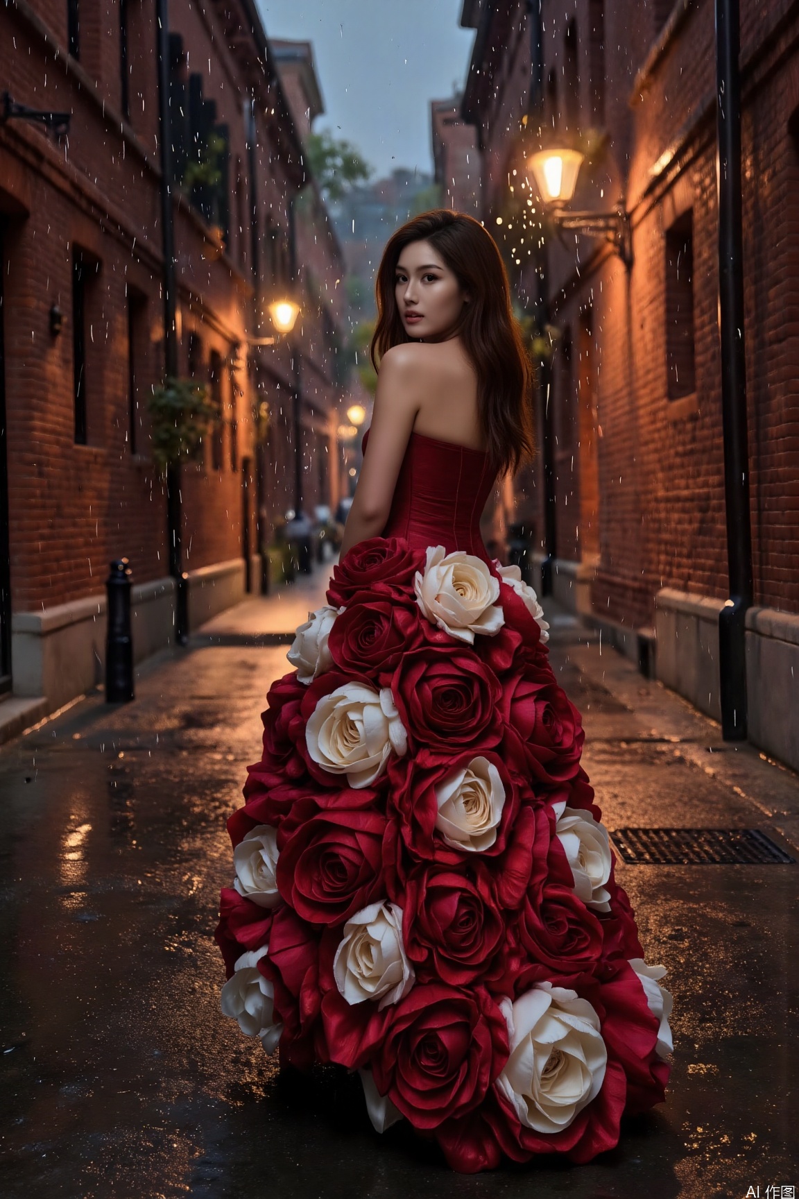 In a rainy alley, an elegant woman stands still. Raindrops sparkle under the light, weaving a romantic atmosphere with light and shadow. Sony A7M3, aperture f/2.0, shutter speed 1/40 second, ISO 1600. The tone has a striking contrast between warm and cool colors, with enhanced colors that add a dramatic feel.,red gown,made of layered red and cream flowers